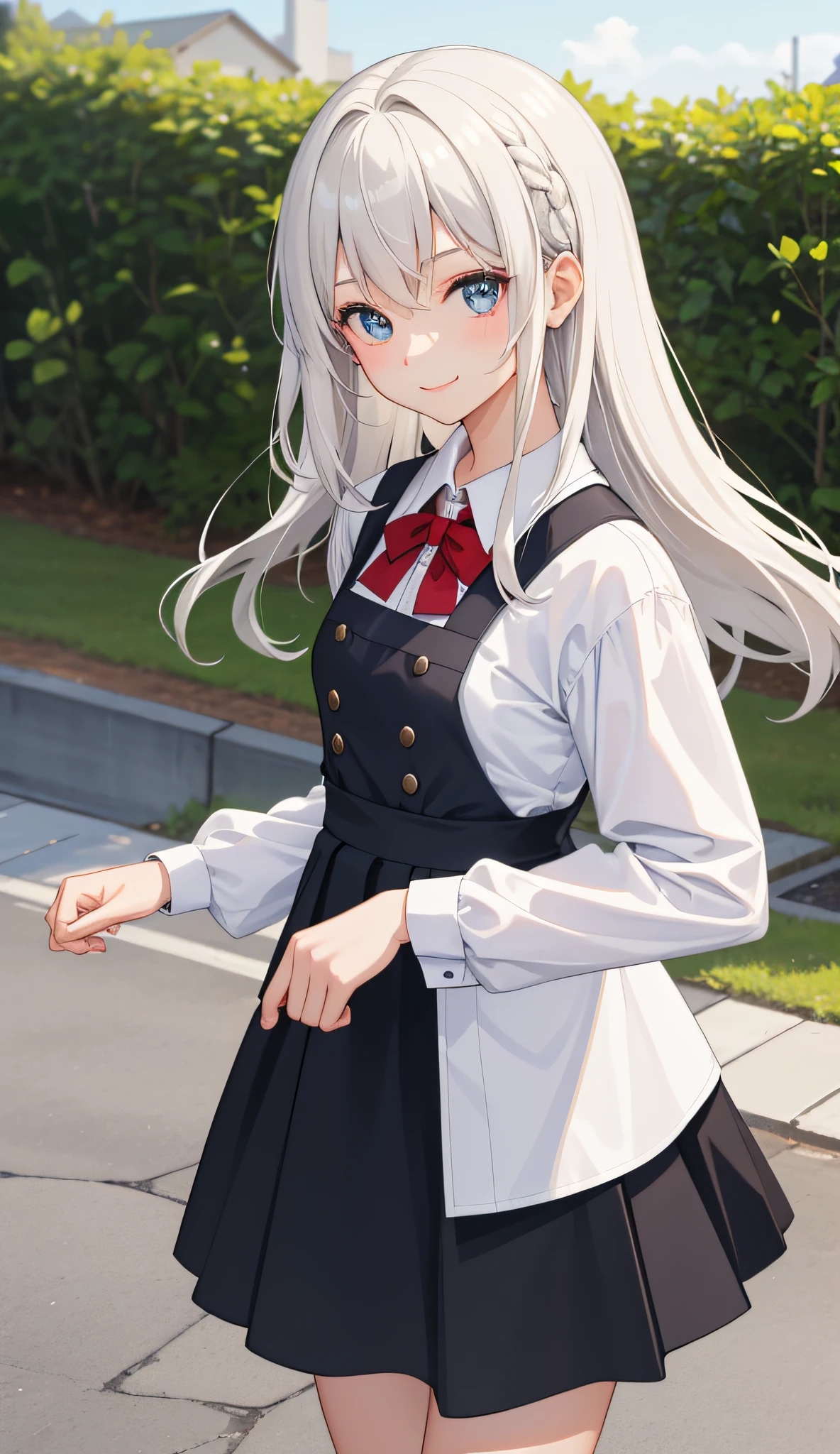 1girl in、AS-Adult、A smile、The shirt、skirt by the、（Plain milk）、doress、pinafore、hair adornments、（Maids）、Walking with a thigh、Upper body portrait