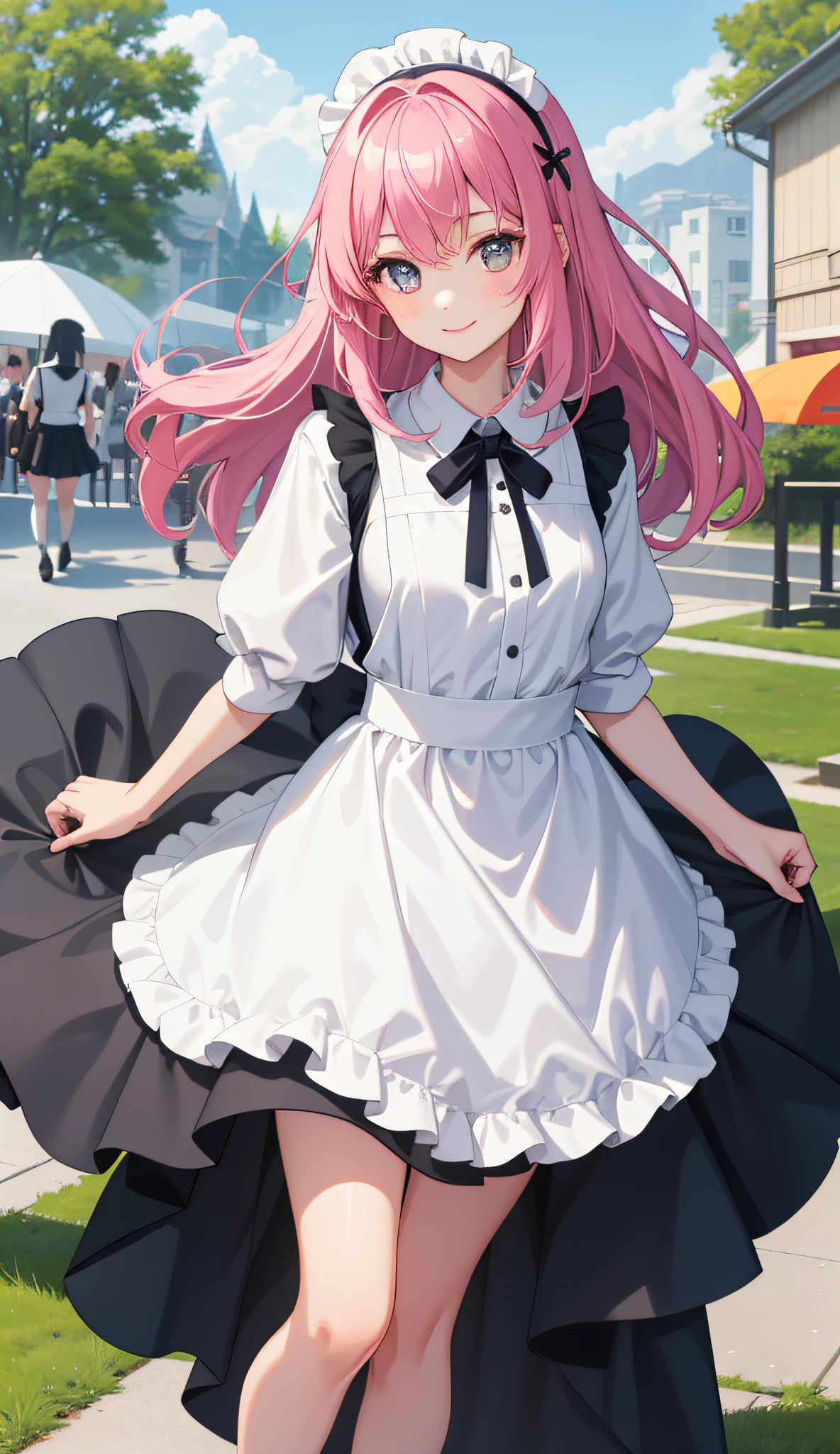 1girl in、AS-Adult、A smile、The shirt、skirt by the、(Plain milk)、doress、pinafore、hair adornments、(Maids)、Walking with a thigh、Upper body portrait