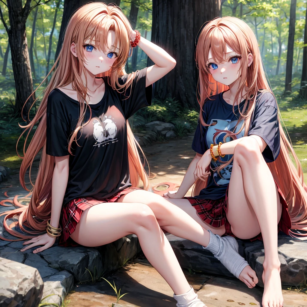 red blonde、blue eyess、one good looking girl、独奏、animesque、Plaid miniskirt、Black T-shirt、camisole、the woods、Sunlight、sitting on、has a blanket over his head、bare-legged、cute bracelet、shaking my head