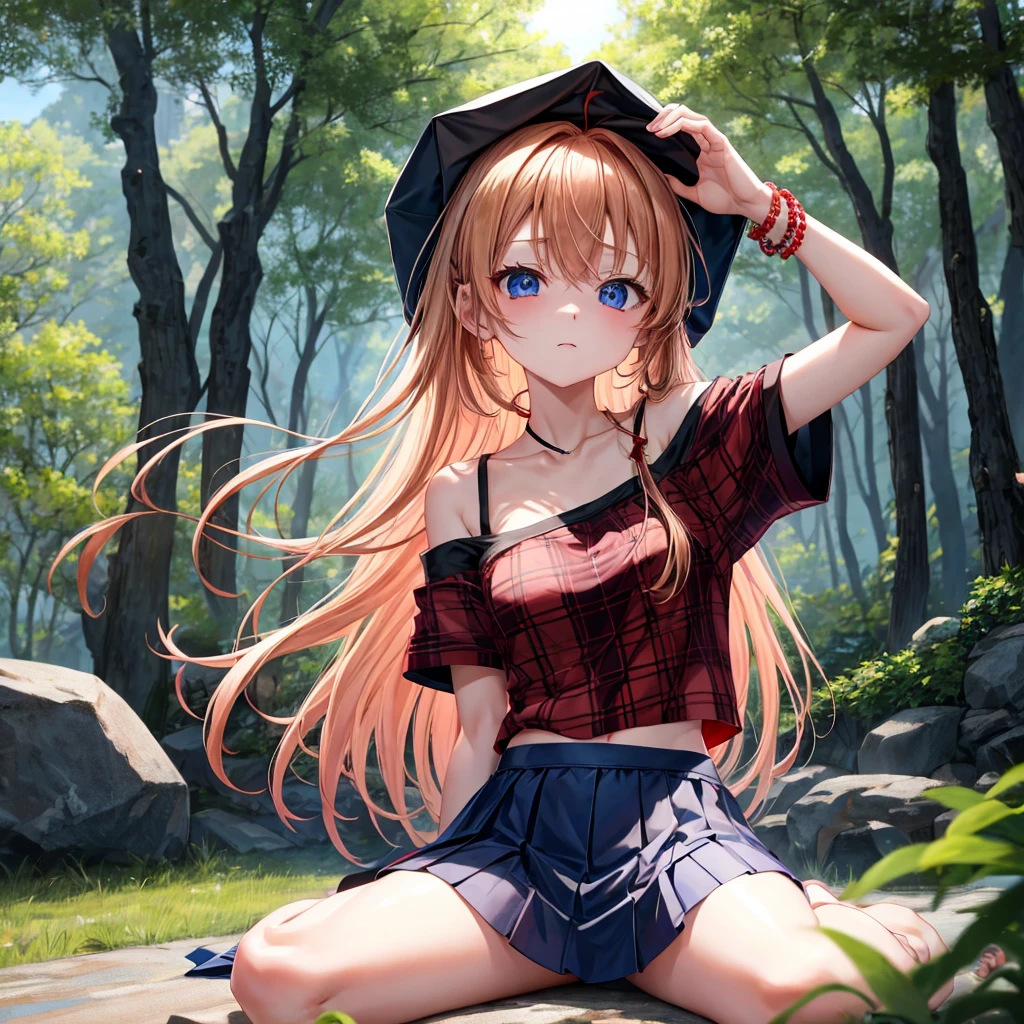 red blonde、blue eyess、one good looking girl、独奏、animesque、Plaid miniskirt、Black T-shirt、camisole、the woods、Sunlight、sitting on、has a blanket over his head、bare-legged、cute bracelet、shaking my head