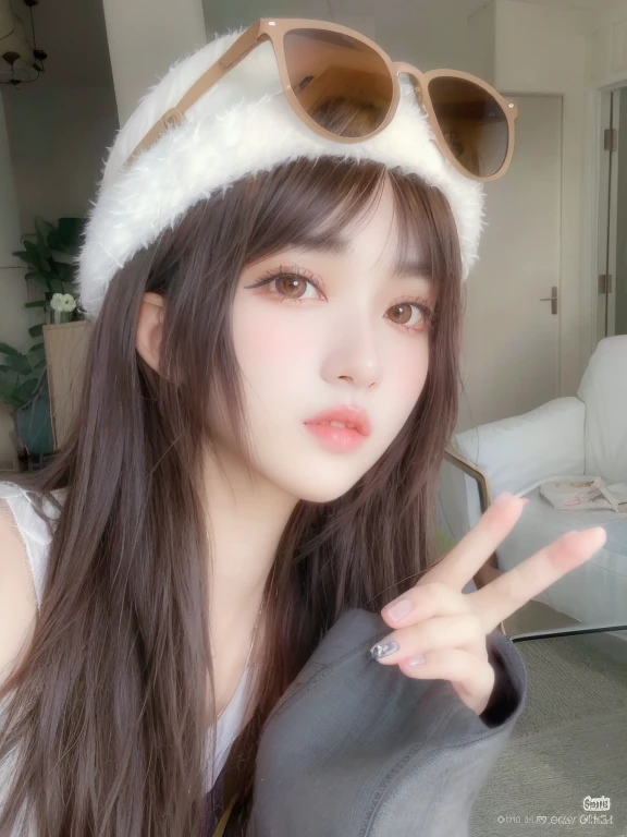 araffe wearing a hat and sunglasses  a peace sign, ulzzang, lalisa manobal, brown long hair with bangs, belle delphine, brown hair with bangs, fluffy bangs, sakimichan, brown hair and bangs, long hair with bangs, with bangs, lalisa manoban of blackpink, brown bangs