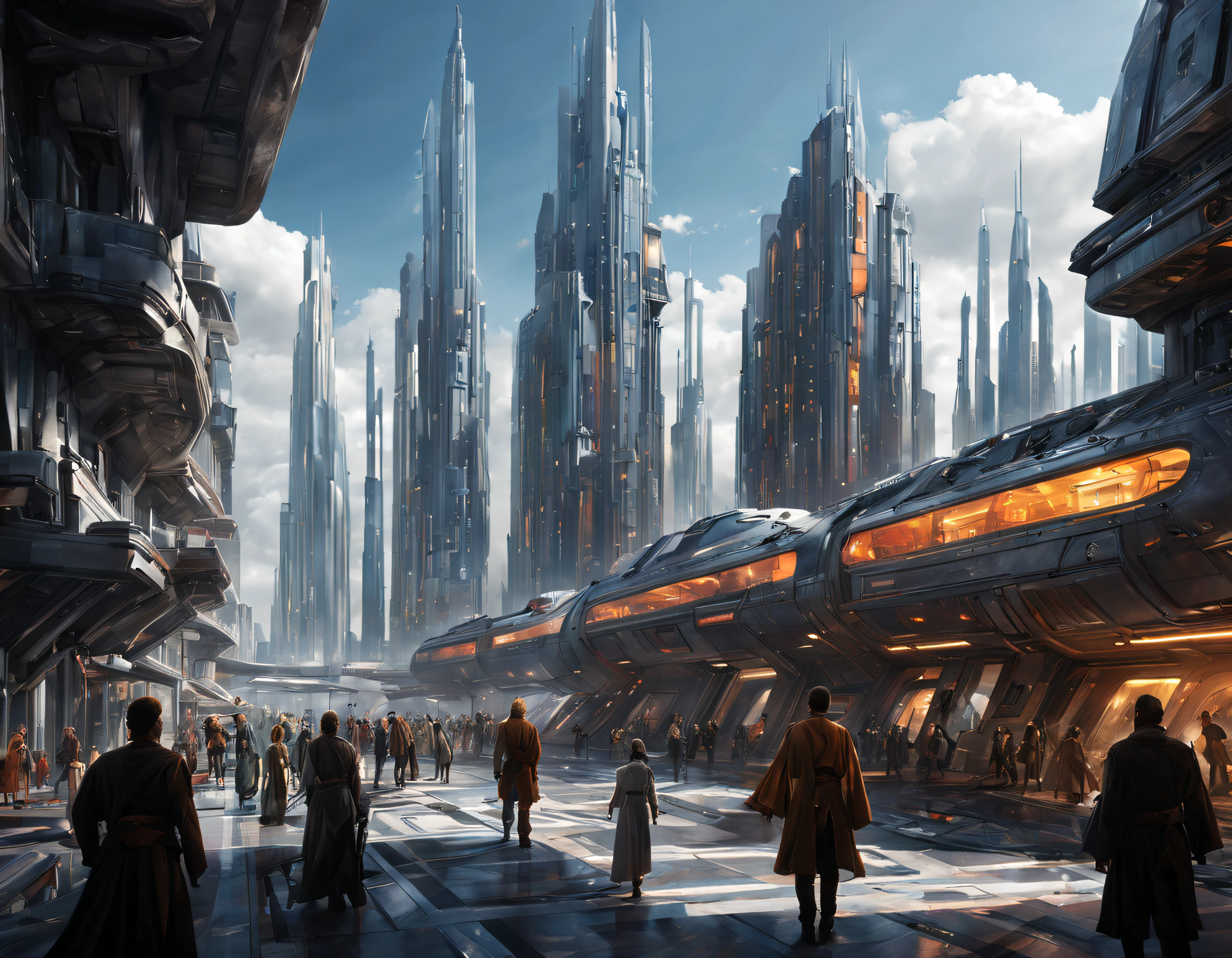 (The city of Coruscant from Star Wars as designed by Doug Chiang), futuristic fantasy city with immense buildings of technological design (que forman una avenida infinita), edificios compactor no difuminados con aspecto metalico, luces en ventanas en edificios, iluminacion diurna con sol, con estructuras acristaladas espectaculares, (con colores vivos). pavimento ensolado (sin brillo). gente paseando. imagen bien definida con muchos edificios juntos. imagen nitida bien definida 8k. los edificios llegan alta el fondo.,8k. imagen cinematografica. ((obra maestra de superior calidad)). (renderizado 3D).