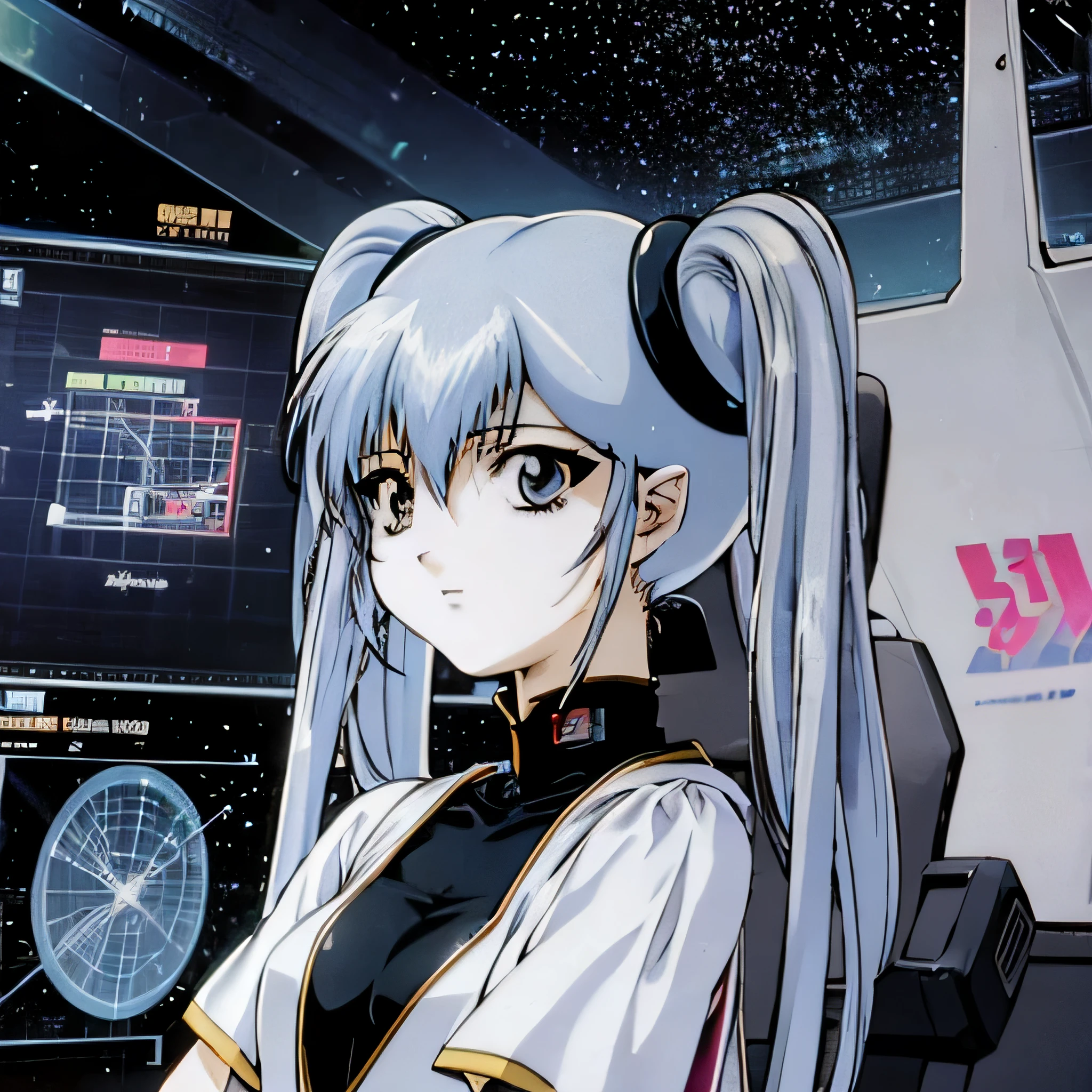 Blue hair, Twin-tailed, girl with１a person,Space Battleship