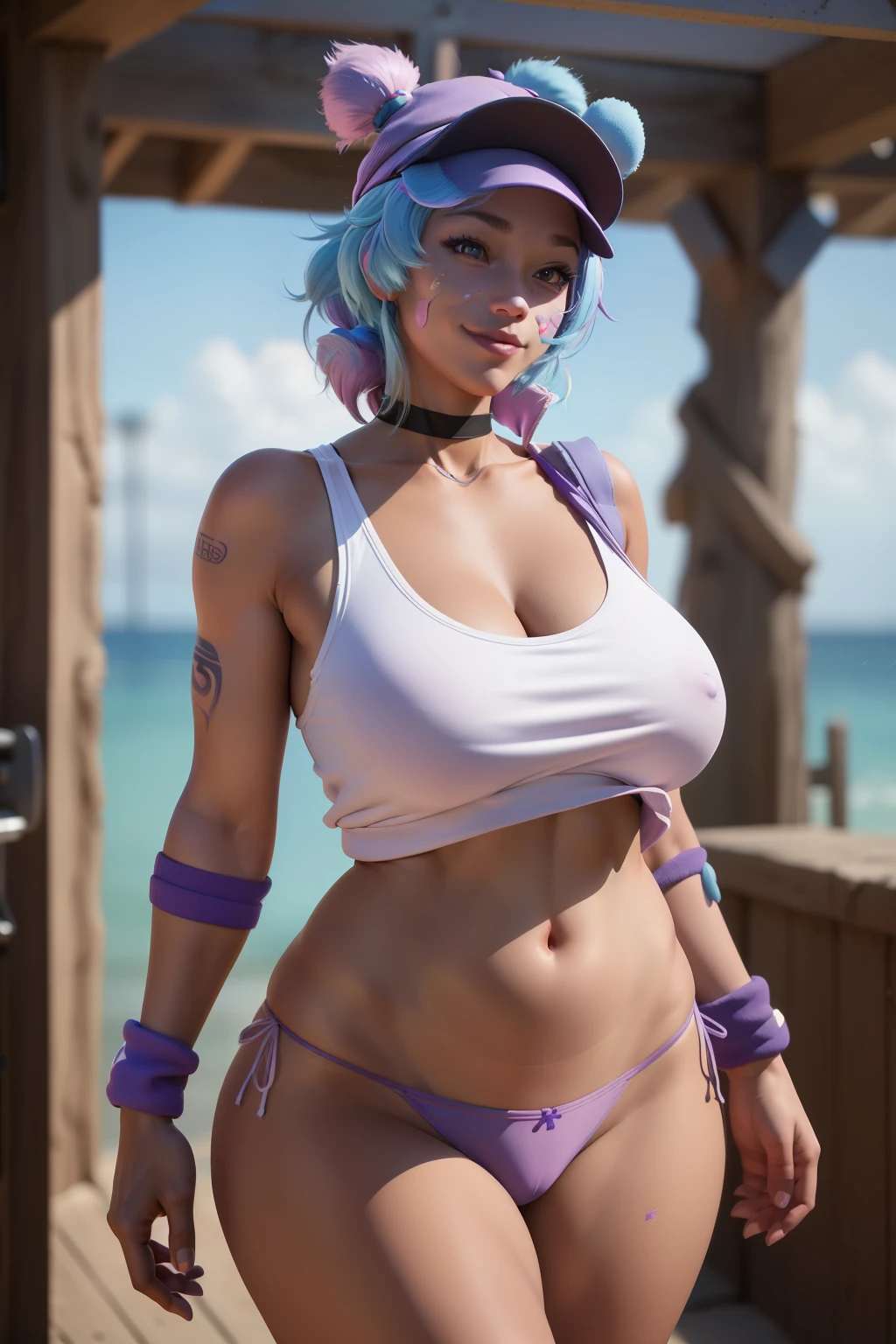 (8k, best quality, masterpiece:1.2), (realistic, photo-realistic:1.37), ultra-detailed, 1 girl,cute, solo, ,beautiful, leelah, , blue hair, pink hair, two-toned hair, multicored hair, hair bunlue eyes:1.5), bandaid, bandaid on face, , smiling,, full body view, , whole body shot, , , nsfw, choker, white tank top, big breasts, panties, purple hat, big thighs, thick thighs