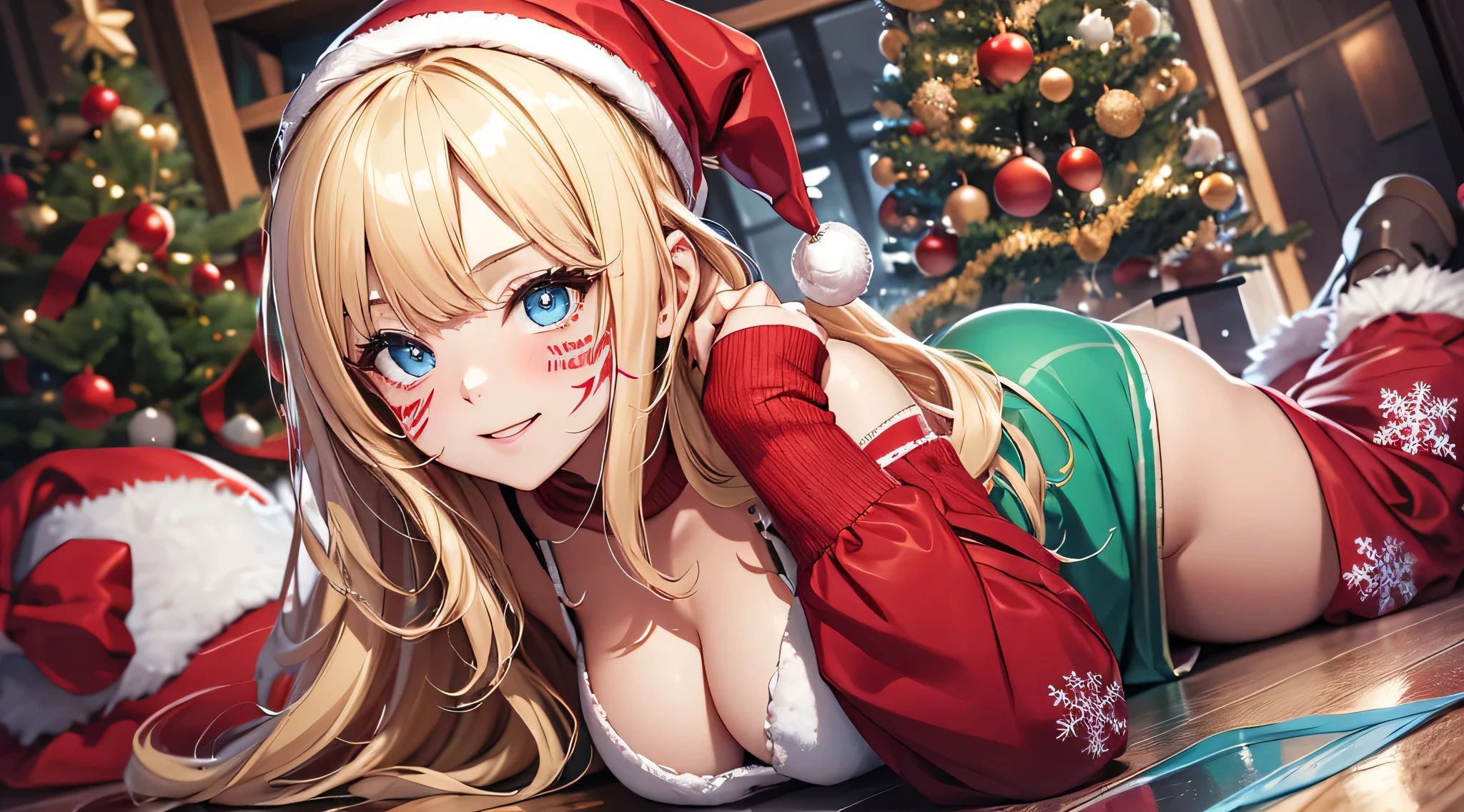 top-quality、Top image quality、masterpiece、s girl((Cute Santa Costumes、santa style short skirt、santa style tank top、sixteen years old、 Ager、Best Bust、big bast,Beautiful wide open light blue eyerest, a blond、A slender,Large valleys、Reflecting the whole body、Laugh、dye one's cheeks red、Red Body Paint、Red Face Paint、be shy、wave her hand、all-fours、posterior view、emphasis on the buttocks)),hiquality、Beautiful Art、Background with(( natta、snowflakes falling、Nice and clean room.、Christmas Party、Party Venue、Christmas Lights、Christmas tree、)))、masutepiece、depth of fields,Flying in the sky