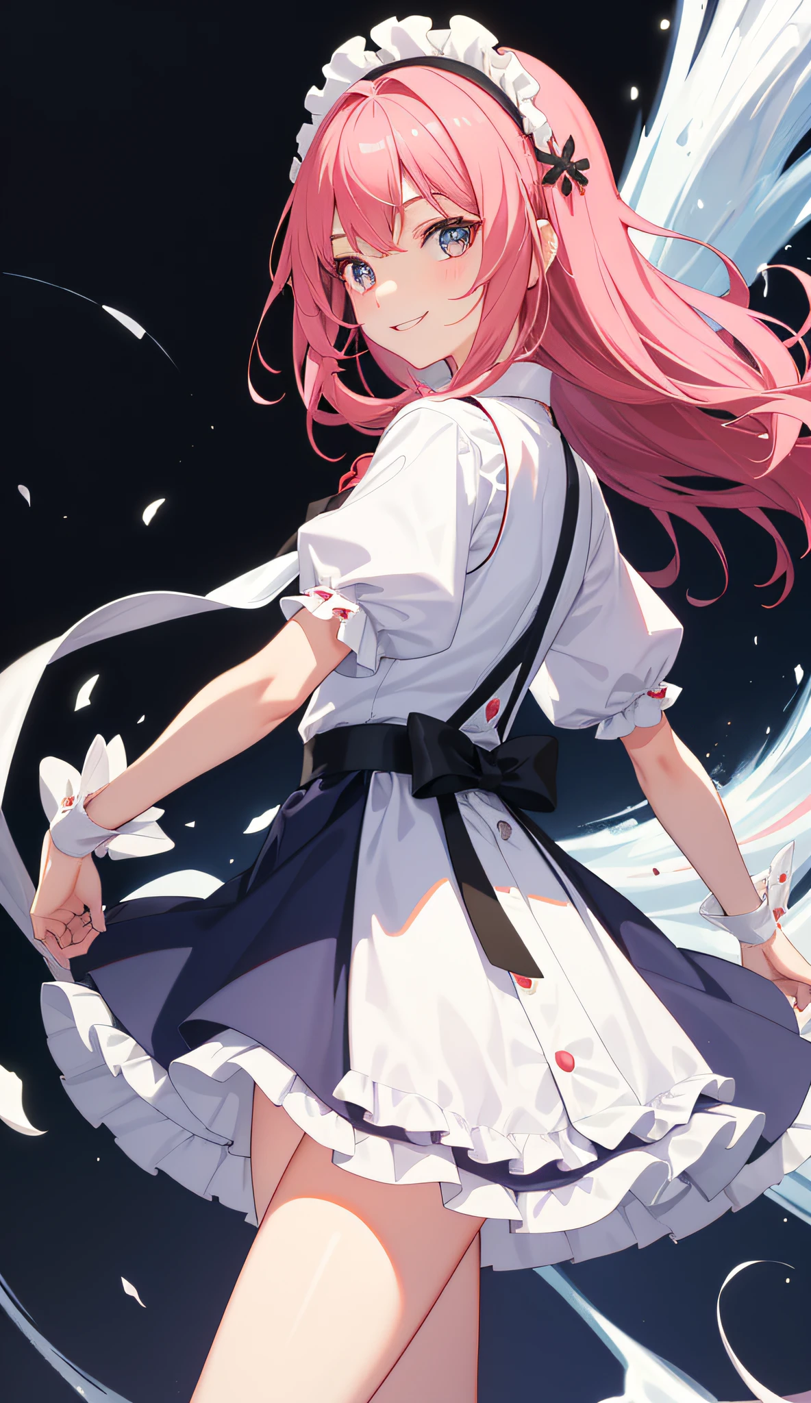 1girl in、AS-Adult、A smile、The shirt、skirt by the、(Plain milk)、doress、pinafore、hair adornments、(Maids)、Walking with a thigh、Upper body portrait