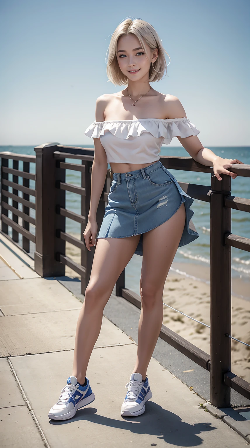 24-year-old Caucasian woman、hair is platinum blonde、Eye color is blue、Medium hair、Slender but well-proportioned muscular man、She is wearing an off-shoulder top with frilly frills.、She is wearing a low-rise pleated skirt.、wearing sports shoes、Leaning on the railing at the seaside park in town、a smile