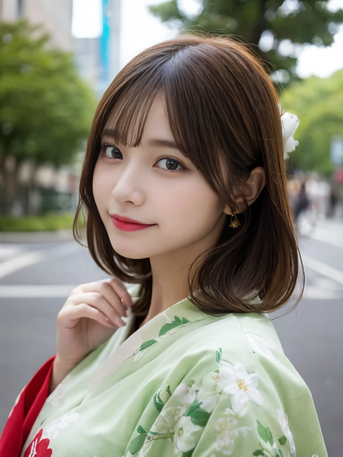 masutepiece, Best Quality, Illustration, Ultra-detailed, finely detail, hight resolution, 8K Wallpaper, Perfect dynamic composition, Beautiful detailed eyes, She wears a red kimono,Medium Hair,Natural Color Lip, Bold sexy poses,Smile,Harajuku、20 years girl、Cute、Sexy shot looking at camera、C Cup、Brown hair、cacique#39;s face、Blurred green park background