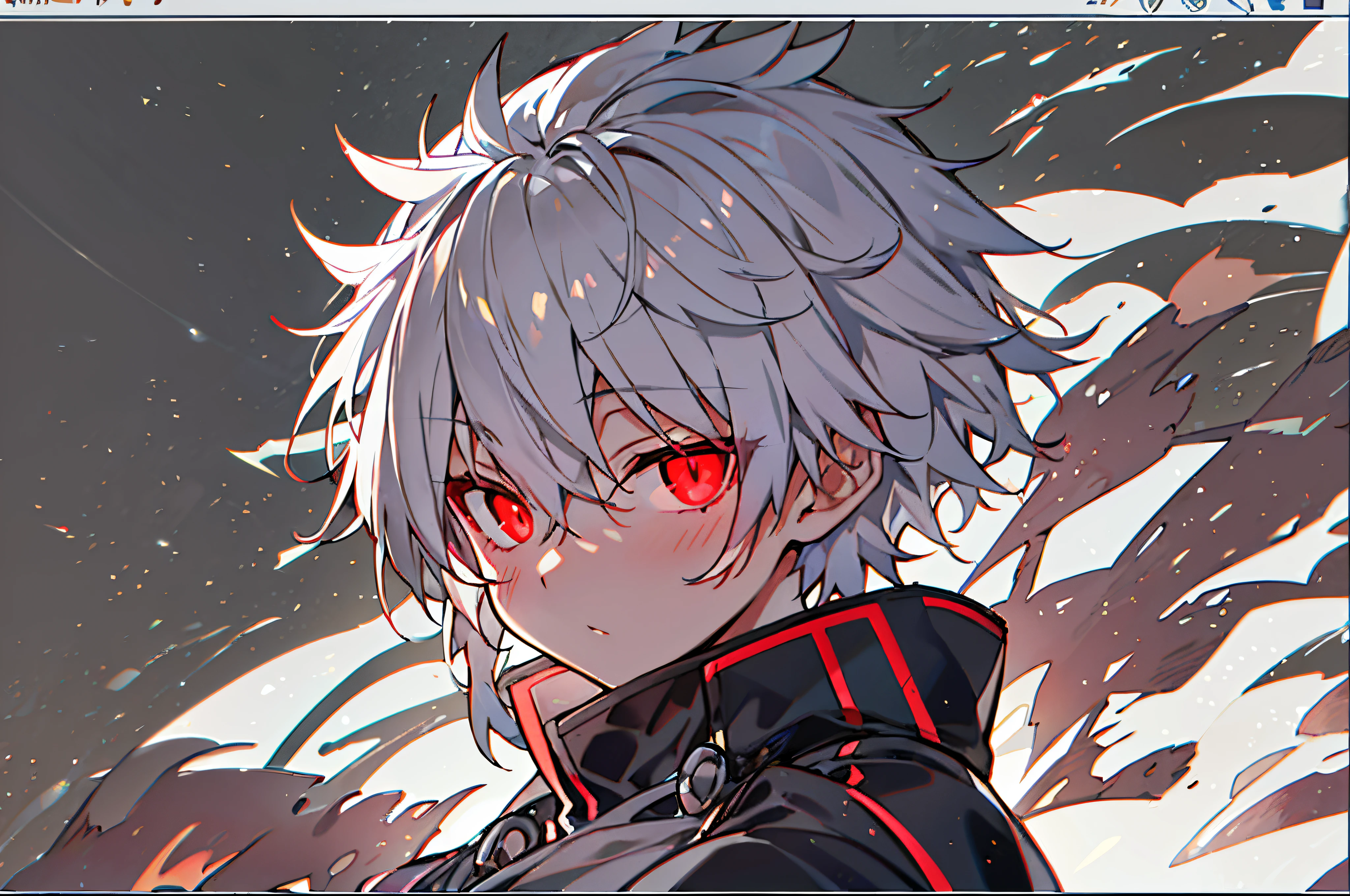 hight resolution,close range、Anime boy with white hair and red eyes staring at camera, Glowing red eyes,slim, dressed in a black outfit,Shadow Body,Brown skin、monochromes,hair messy,Straight face、(glareing)、Diagonal angle
