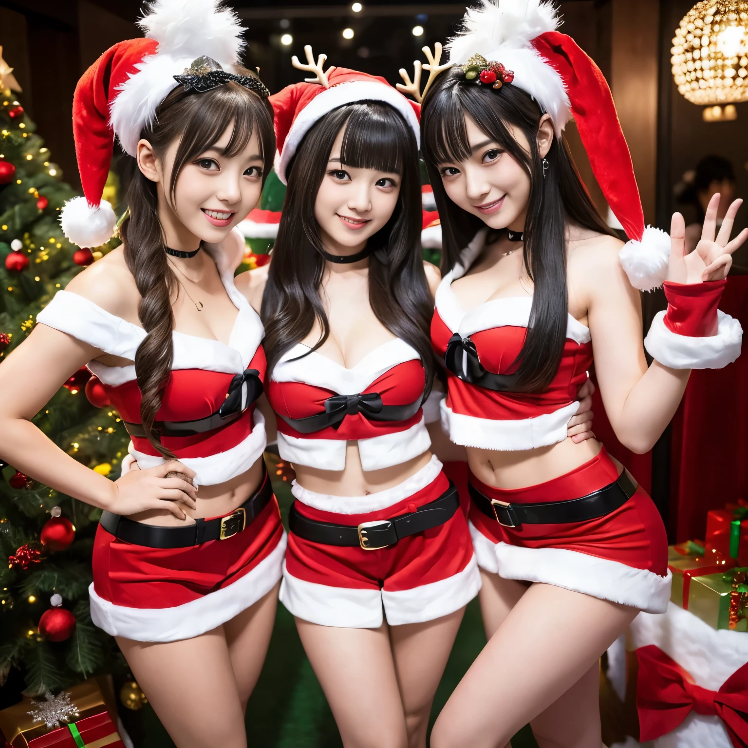 ((Best-quality, Masterpiece, Ultra-High-Resolution, (Photorealistic:1.4), Raw-Photo, Extremely-Detailed, Perfect-Anatomy)), 3-girls, all 16-years-old and the most popular Japanese-idols, (((having a lot of fun at Christmas party))), (((all dynamic-poses))), (((all wearing extremely cute Christmas-costumes))), all extremely cute faces like a most famous Japanese idols, all extremely beautiful big black-eyes, all extremely beautiful colorful-hair, all extremely beautiful realistic-skins, all extremely beautiful bodies, all extremely beautiful thighs, all extremely beautiful legs, detailed Christmas party, (((detailed cute-Christmas-costumes))), kiss just for 2-girls of them