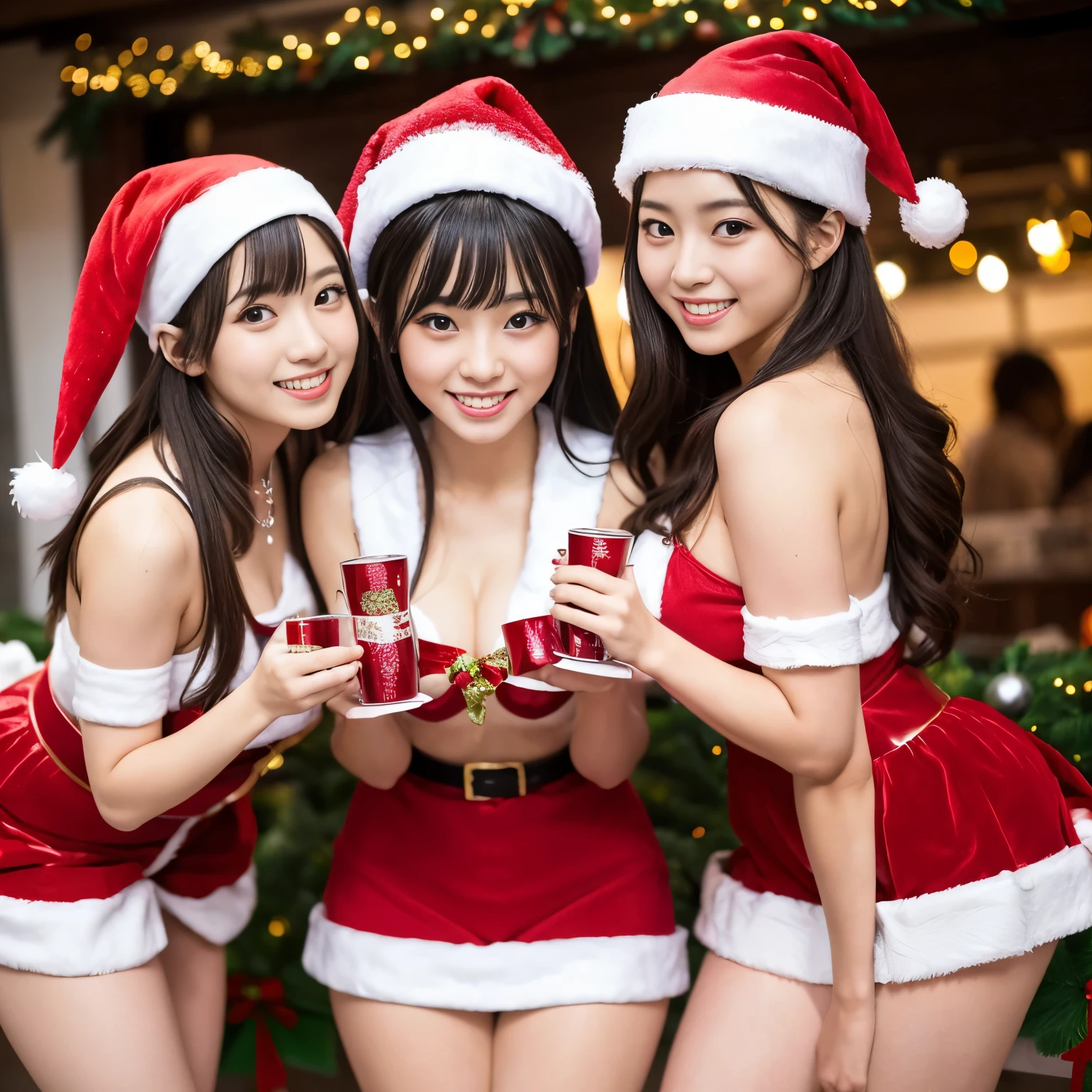 ((Best-quality, Masterpiece, Ultra-High-Resolution, (Photorealistic:1.4), Raw-Photo, Extremely-Detailed, Perfect-Anatomy)), 3-girls, all 16-years-old and the most popular Japanese-idols, (((having a lot of fun at Christmas party))), (((all dynamic-poses))), (((all wearing extremely cute Christmas-costumes))), all extremely cute faces like a most famous Japanese idols, all extremely beautiful big black-eyes, all extremely beautiful colorful-hair, all extremely beautiful realistic-skins, all extremely beautiful bodies, all extremely beautiful thighs, all extremely beautiful legs, detailed Christmas party, (((detailed cute-Christmas-costumes))), kiss just for 2-girls of them