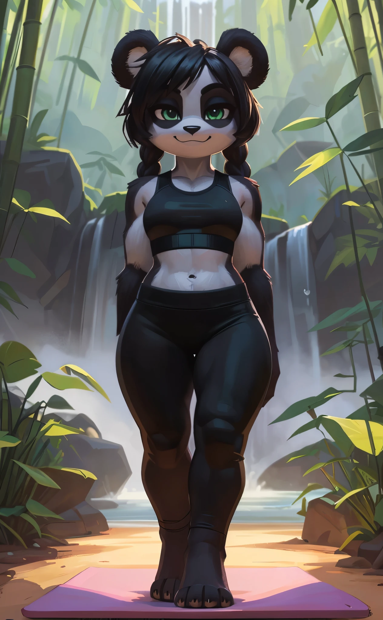 [Yaya Panda], [Uploaded to e621.net; (Pixelsketcher), (wamudraws)], ((masterpiece)), ((HD)), ((solo portrait)), ((full body)), ((front view)), ((feet visible)), ((furry; anthro)), ((detailed fur)), ((detailed shading)), ((beautiful render art)), ((intricate details)), {anthro panda; (black fur), (white fur), black nose, (cute green eyes), (short eyelashelack hair, braided ponytail, (curvy hipeautiful legeautiful pawlushing), (smug smirk)}, {(green sports bra), (red yoga pants)}, {(on yoga mat), (standing), (arms behind back), (looking at viewer)}, [background; (bamboo forest), (waterfall), (fog), (blue sky), (cloudy)]