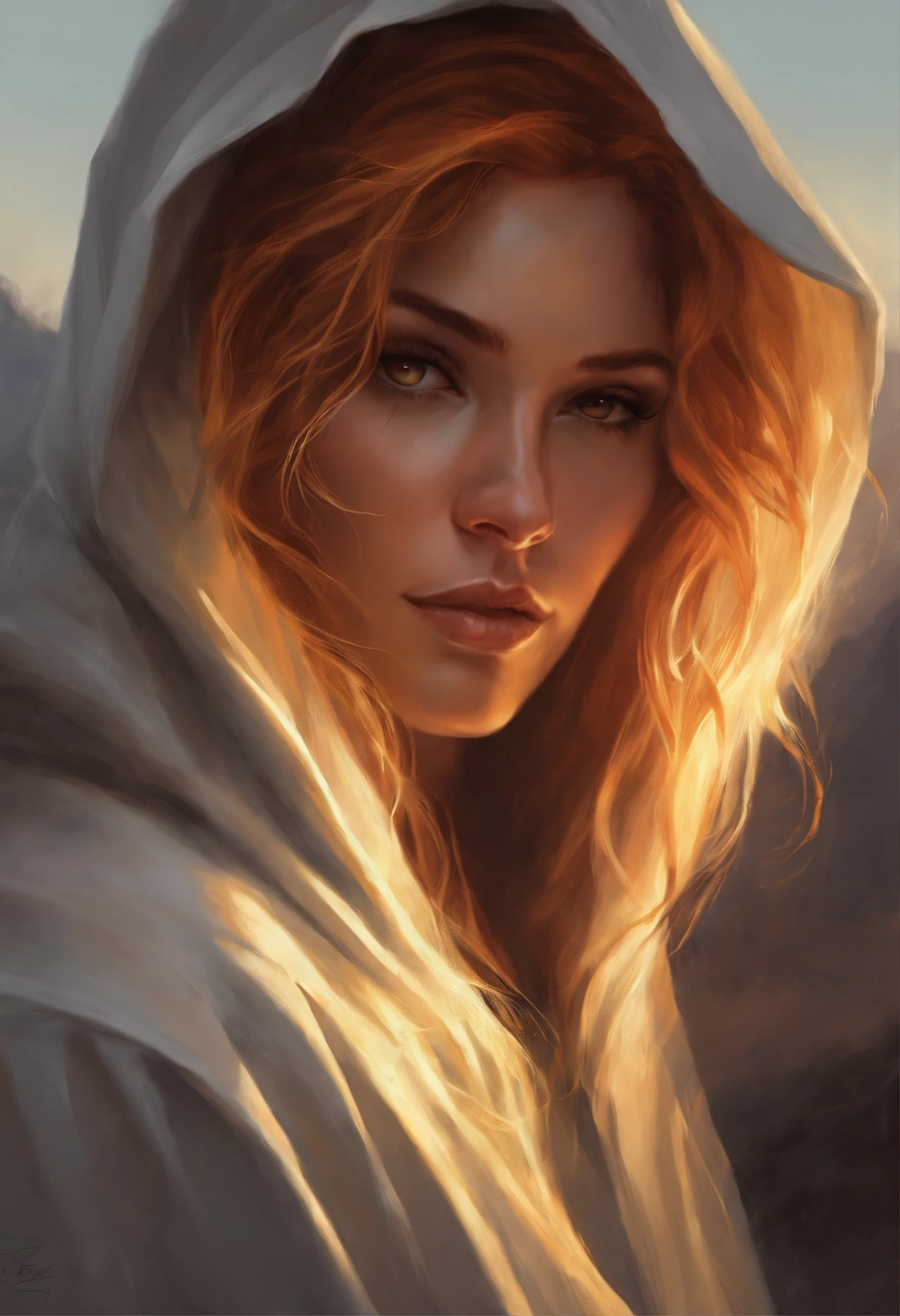 Photo of a burning man with gray hair., yellow eyes and hoodie., fire, scratch on face, beautiful character painting, White-haired God, graphic artist magali villeneuve, alena aenami and artgerm, fantasy concept art portrait, female redhead templar, Artgerm Craig Mullins, charlie bowater character art, magali villeneuve', charlie bowater rich deep colors, gorgeous digital painting