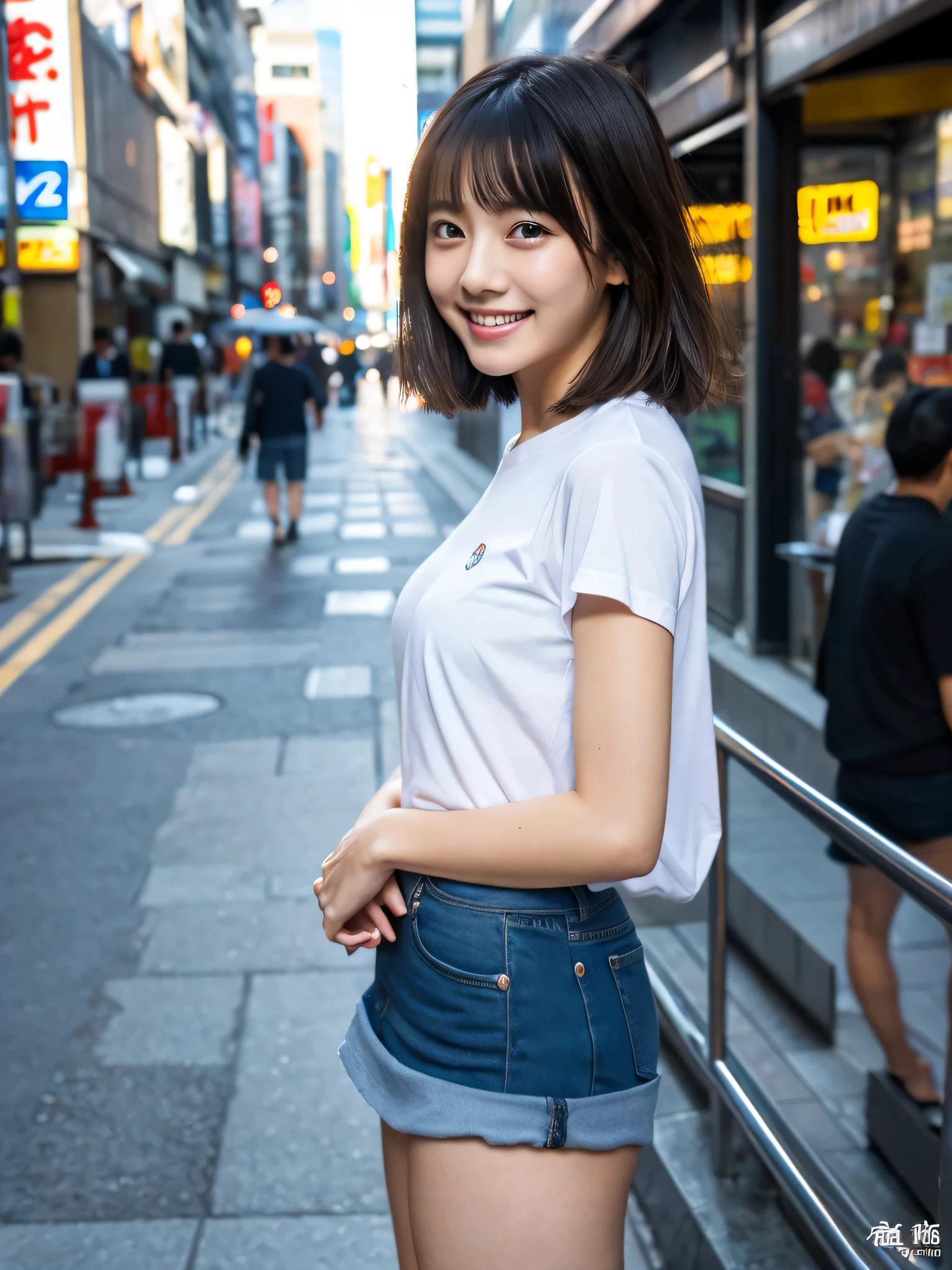 ultra best quality、masterpiece、超hight resolution、depth of fields、(Photorealsitic:1.4)、(awardwinning photo、信じられないほどのmasterpiece:1.3) 、Raw photography、the golden ratio、the Extremely Detailed CG Unity 8K Wallpapers、Detailed and complex、Original、hight resolution、Raw foto、(perfect body type)、Detailed and complex、Digital SLR、softlighting、(background person blur:1.1)、SIGMA 85 mm F/1.4、50mm Lenac lighting、nffsw、hyper realstic、Color Grade、dynamicposes、Portrait Break、 独奏、short-hair:1.4、girl with、Super beauty、(Full body like:1.2)、japanese bodybian、独奏)、thighs gap、A smile:1.4、University、cute little女子高生、short-cut、Detailed Realistic、Skin Texture、(realistic human skin texture)、Front view View viewer、natural soft light、Daytime、in a street、deep-shadows、cute little、21 years old BREAK、 a street、The state of the store、akihabara、Shinjuku、with no people、(akihabara:1.2)