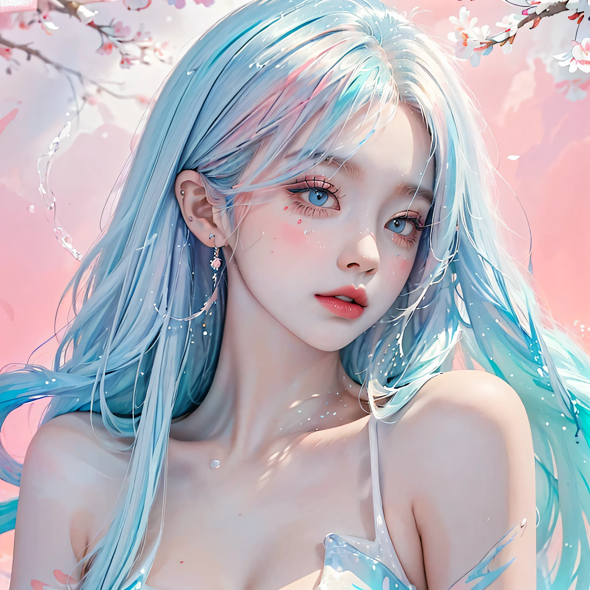 (Masterpiece, Best Quality, High Resolution), White Background, Acrylic Paint, ((Color Splash, Splash of Ink, Color Splash)), Sweet Chinese Girl, Long Light Blue Hair, [Light Blue|Pink] Hair, Curly Hair, Glitter, Peach Lips, White Shirt, Front, Upper Body