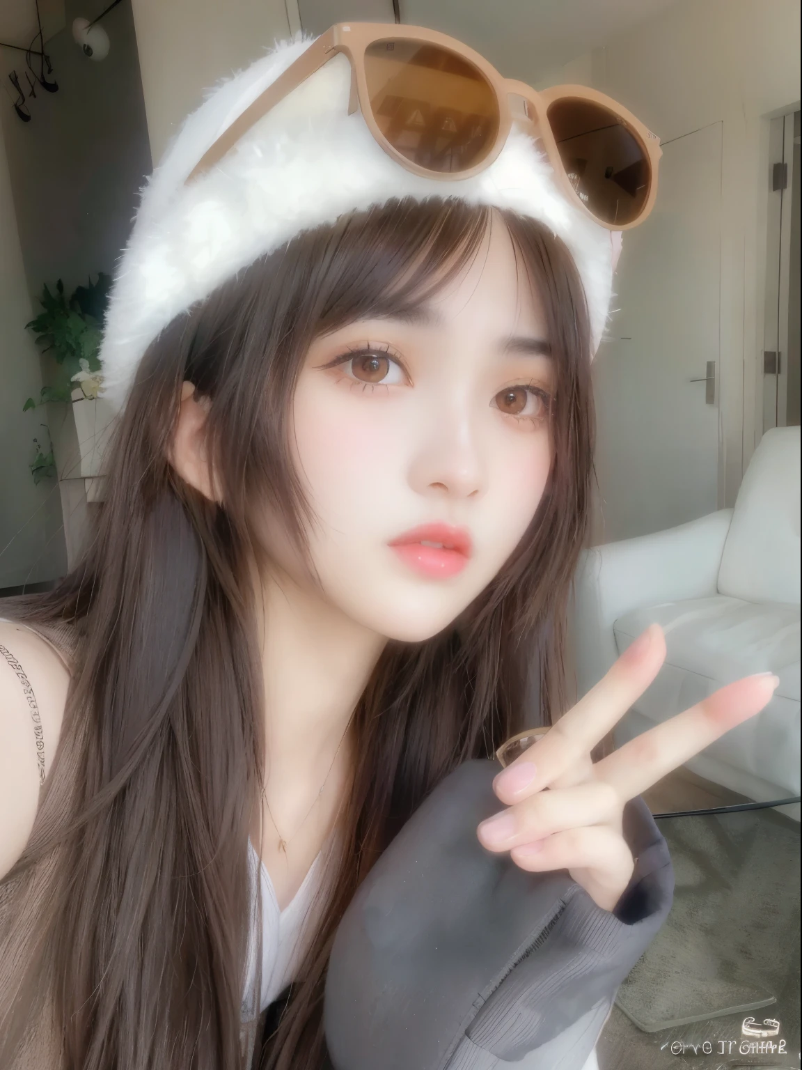 araffe wearing a hat and sunglasses a peace sign, ulzzang, lalisa manobal, brown long hair with bangs, belle delphine, brown hair with bangs, fluffy bangs, sakimichan, brown hair and bangs, long hair with bangs, with bangs, lalisa manoban of blackpink, brown bangs