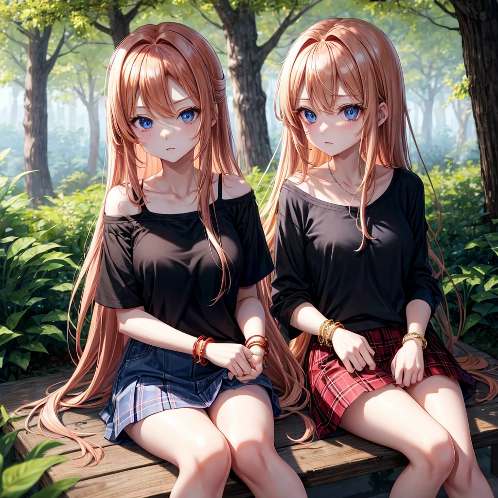 red blonde、blue eyess、one good looking girl、独奏、animesque、Plaid miniskirt、Black T-shirt、camisole、the woods、Sunlight、sitting on、has a blanket over his head、bare-legged、cute bracelet、shaking my head