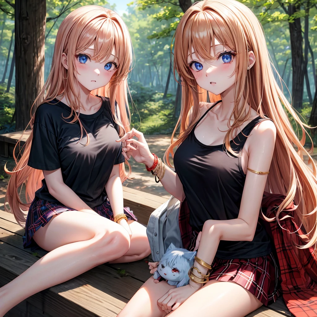 red blonde、blue eyess、one good looking girl、独奏、animesque、Plaid miniskirt、Black T-shirt、camisole、the woods、Sunlight、sitting on、has a blanket over his head、bare-legged、cute bracelet、shaking my head