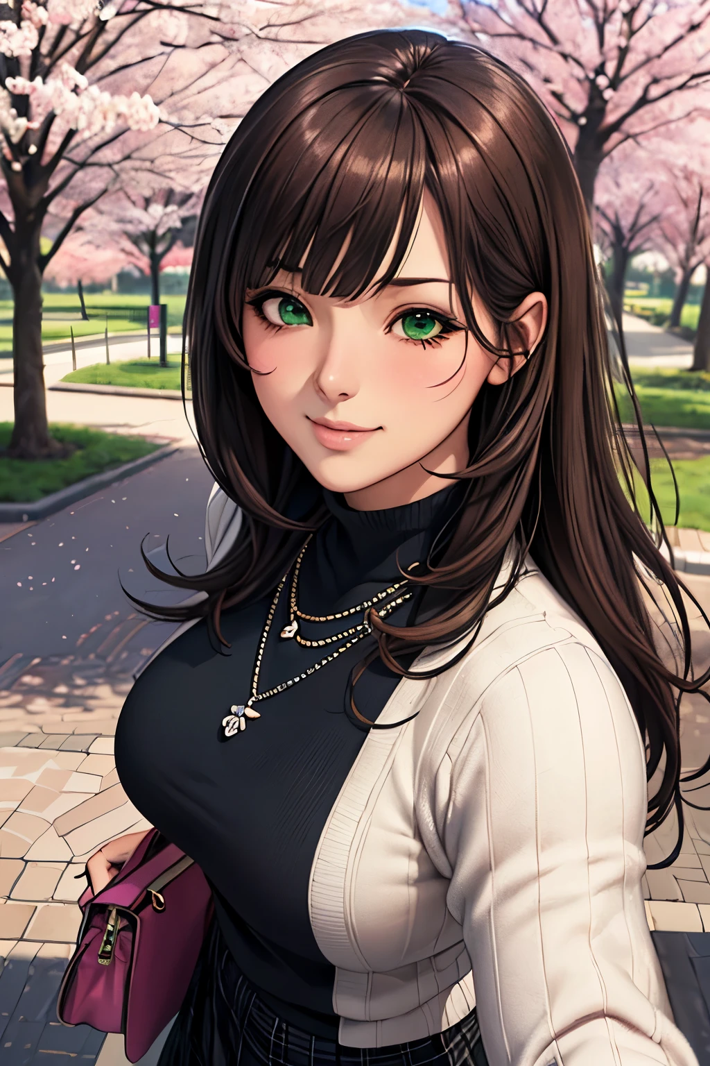((masutepiece, Best Quality, hight resolution, nffsw, Perfect Pixel, depth of fields, 4K, nffsw, nffsw))), 1girl in, Single, Solo, Beautiful anime girl, Beautiful Art Style, Anime Character, ((Long hair, Bangs, Brown hair)), ((Green eyes:1.4, rounded eyes, Beautiful eyelashes, Realistic eyes)), ((Detailed face, Blushing:1.2)), ((Smooth texture:0.75, Realistic texture:0.65, Photorealistic:1.1, Anime CG style)),  Dynamic Angle, Perfect body, ((POV, Selfie Pose, Portrait)), ((White sweater, Long sleeve, Black skirt, plaid skirts, Fashionable, 1 handbag, 1 diamond necklace)), Smile,  amusement park, ((The cherry tree, Cherry blossoms fall))