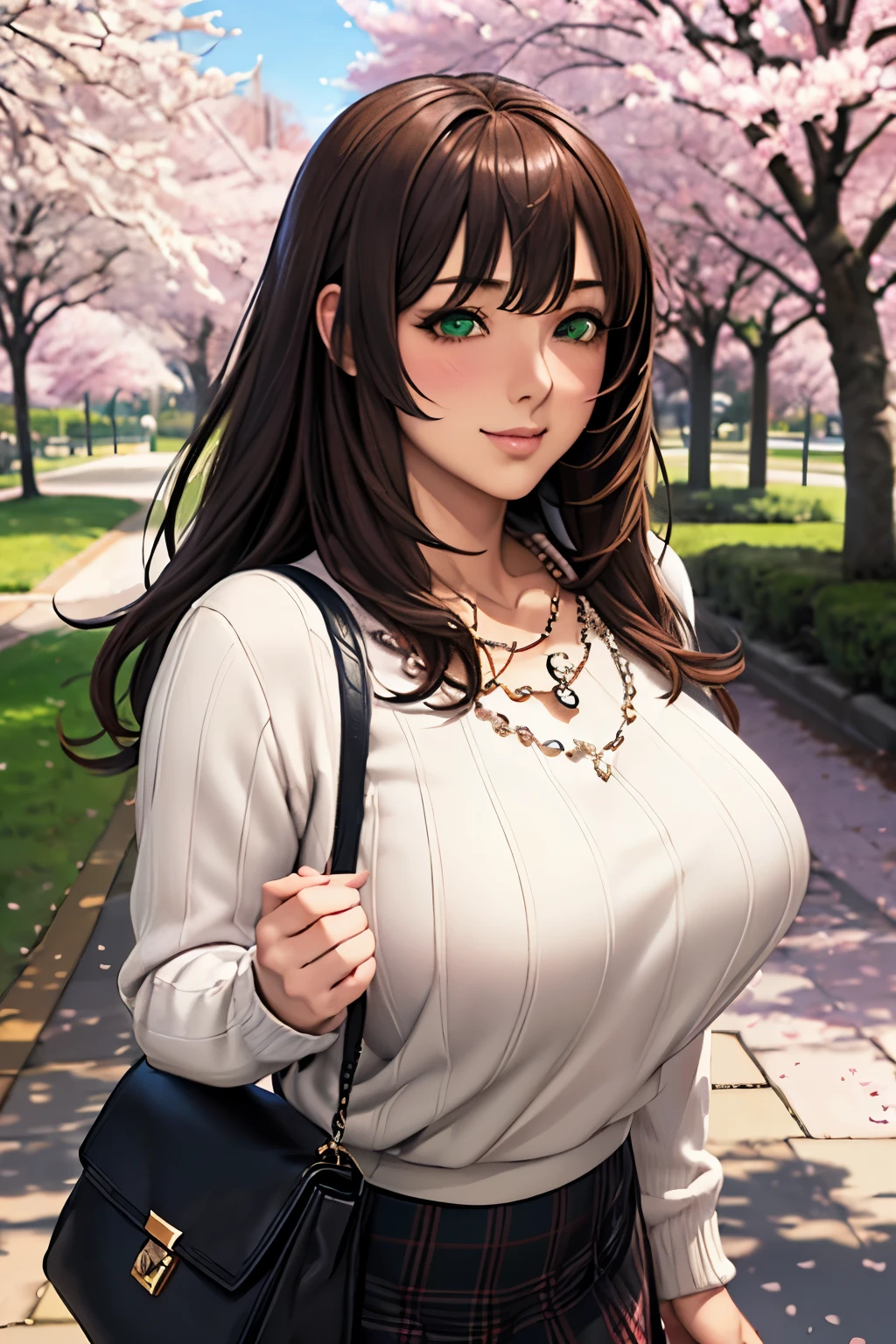 Anime girl with long brown hair and a white shirt and a black purse ...