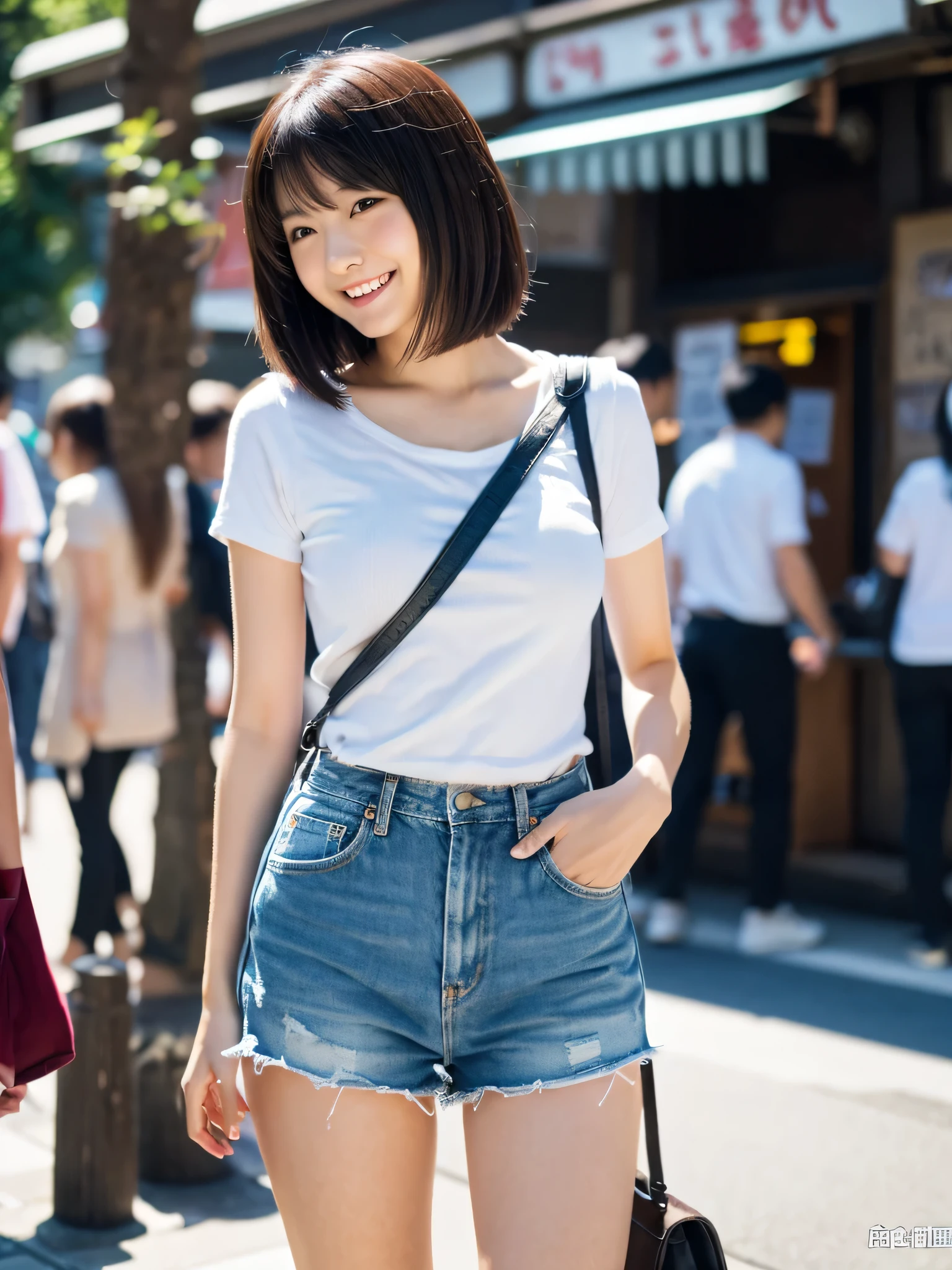 ultra best quality、masterpiece、超hight resolution、depth of fields、(Photorealsitic:1.4)、(awardwinning photo、信じられないほどのmasterpiece:1.3) 、Raw photography、the golden ratio、the Extremely Detailed CG Unity 8K Wallpapers、Detailed and complex、Original、hight resolution、Raw foto、(perfect body type)、Detailed and complex、Digital SLR、softlighting、(background person blur:1.1)、SIGMA 85 mm F/1.4、50mm Lenac lighting、nffsw、hyper realstic、Color Grade、dynamicposes、Portrait Break、 独奏、short-hair:1.4、girl with、Super beauty、(Full body like:1.2)、japanese bodybian、独奏)、thighs gap、A smile:1.4、University、cute little女子高生、short-cut、Detailed Realistic、Skin Texture、(realistic human skin texture)、Front view View viewer、natural soft light、Daytime、in a street、deep-shadows、cute little、21 years old BREAK、 a street、The state of the store、akihabara、Shinjuku、with no people、(akihabara:1.2)