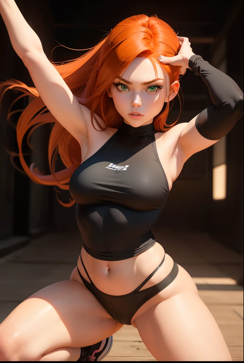girl with red hair and green eyes wearing a black shirt, Kim Possible, character in normal pose, Lola Bunny Fanart, cel - shaded art style, cartoon art style, cell shaded animation, Anya from Spy X Family, cel shaded!!!, Shaded cel: 15, casual pose, has long orange-brown hair, red-haired girl, fanart girl, naked