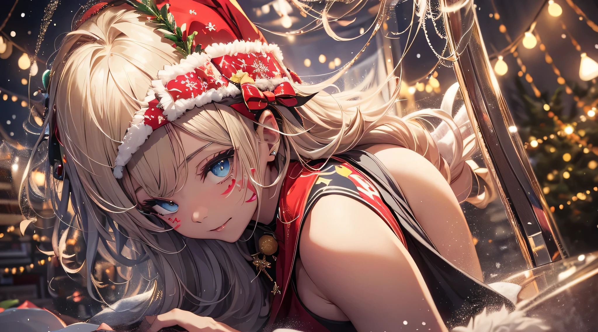 top-quality、Top image quality、masterpiece、teens girl((Cute Santa Costumes、santa style short skirt、santa style tank top、、 Ager、Best Bust、big bast,Beautiful wide open light blue eyerest, a blond、A slender,Large valleys、Reflecting the whole body、Laugh、dye one's cheeks red、Red Body Paint、Red Face Paint、be shy、wave her hand、all-fours、posterior view、emphasis on the buttocks)),hiquality、Beautiful Art、Background with(( natta、snowflakes falling、Nice and clean room.、Christmas Party、Party Venue、Christmas Lights、Christmas tree、)))、masutepiece、depth of fields,charactor((Merry Christmas))