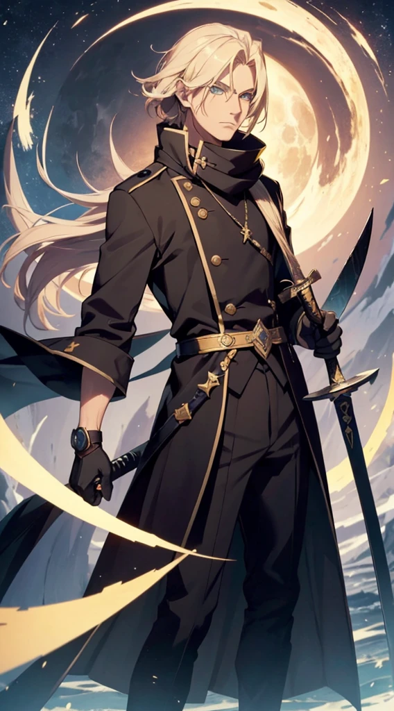 A handsome boy, Close-up of a man holding a sword and a sword, Blonde hair, Wearing a scarf around the neck, Black military uniform, fluffy fox eartra big), Inspired by Yang Jin, Moon-themed costumes, Astral Witch Costume, Blue-gold pupils, Thin Man Fantasy Alchemist, full body adoptable