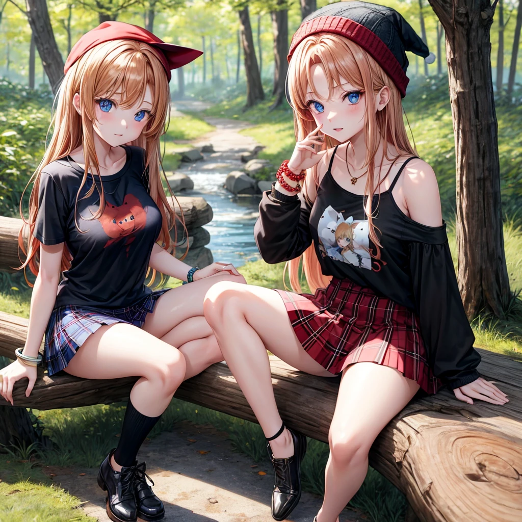 red blonde、blue eyess、one good looking girl、独奏、animesque、Plaid miniskirt、Black T-shirt、camisole、the woods、Sunlight、sitting on、Wearing a knitted hat、bare-legged、cute bracelet、shaking my head