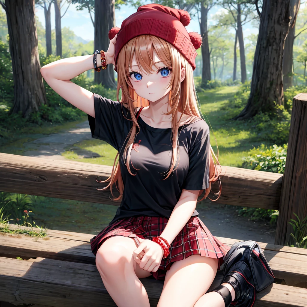 red blonde、blue eyess、one good looking girl、独奏、animesque、Plaid miniskirt、Black T-shirt、camisole、the woods、Sunlight、sitting on、Wearing a knitted hat、bare-legged、cute bracelet、shaking my head