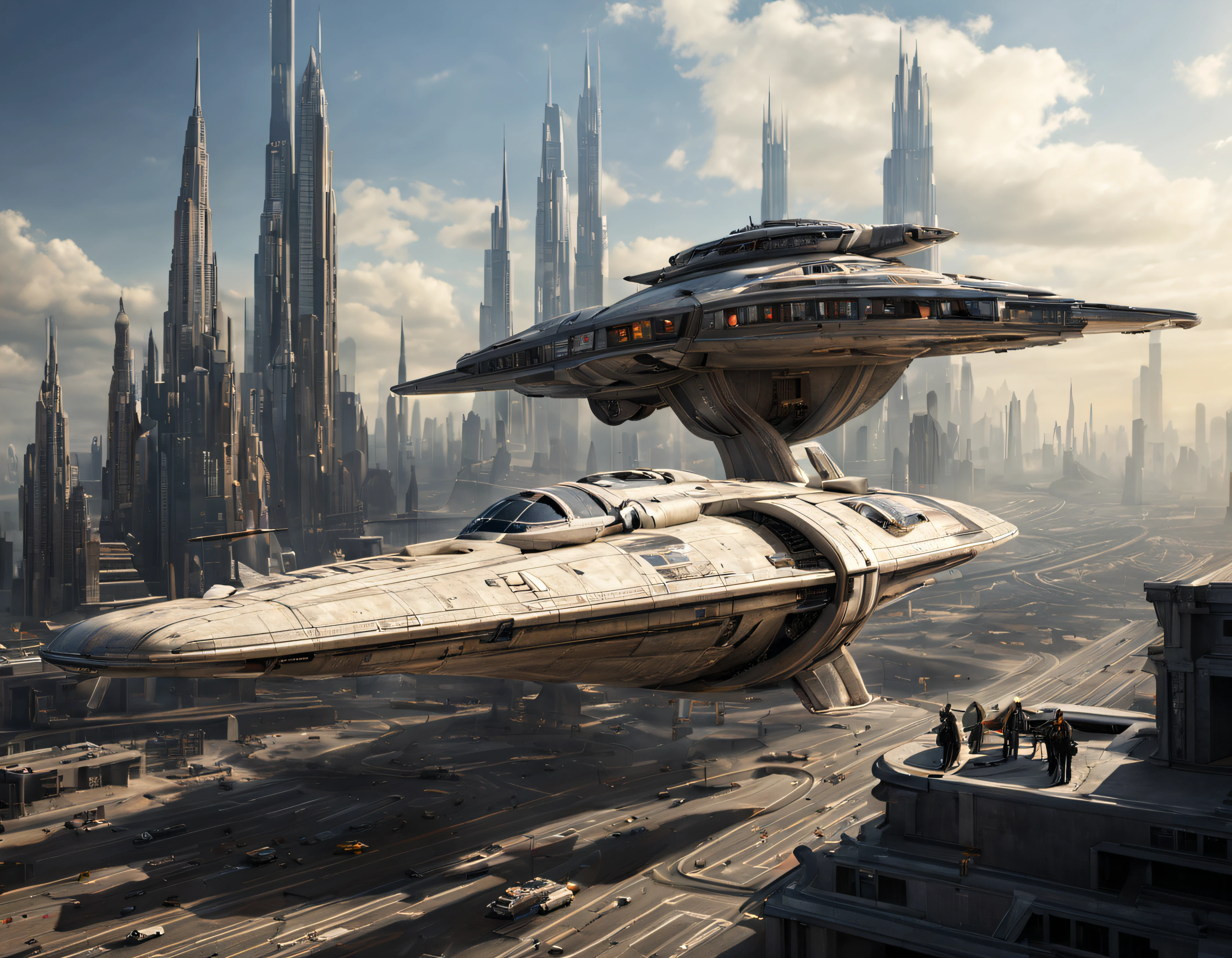 desde una terraza de la ciudad de coruscant de star wars, con sus inmensos edificios futuristas, divisandose el aeropuerto de coruscant, con una inmensa nave alargada posada, (Design by Doug Chiang), edificios del fondo nitidos y bien definidos, intrincados detalles de la maquina de la mas alta calidad, estilo cinematografico, nitidez absoluta, imagen 8k. (obra maestra de superior calidad).
