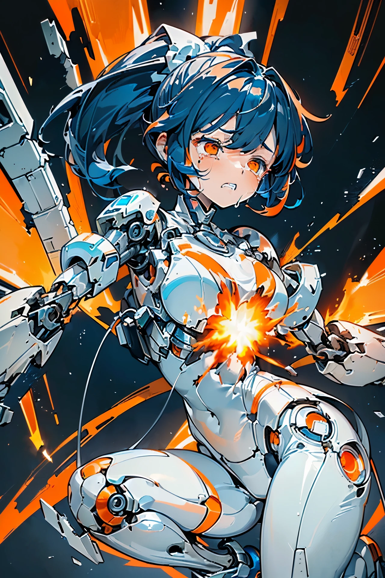 (((masterpiece))), Girl Robot, (loli:1.4), (Gamine:1.5), (Streamlined body based on white), White and navy blue pilot suit, White and navy blue tight-fitting clothing, White and navy blue thigh cover pants, White and navy blue shoulder cover clothes, White and navy blue shiny clothes, Navy blue tight-fitting pants that hide the legs, (A body destroyed to pieces:1.4), (The body has many tears and scratches:1.4), (Machines and cables visible through the cracks in the body:1.4), (The body overheated and exploded:1.4), (The overheated body exploded:1.4), (The overheated body spewed out a large amount of flame and exploded.:1.4), (The body overheated and exploded:1.2), (A body destroyed to pieces:1.5), (A huge explosion of the body causes a large amount of orange flame to spew out from the body.:1.4), (Clenching teeth:1.4), (Close both eyes:1.4), (Crying hard:1.4), (Dark blue hair ponytail:1.4), (Get down on both knees:1.4), (Mechanical joints:1.4), (Machine body:1.4), (from side:1.3), (looking away:1.3), mecha musume, mechanical parts, robot joints, headgear