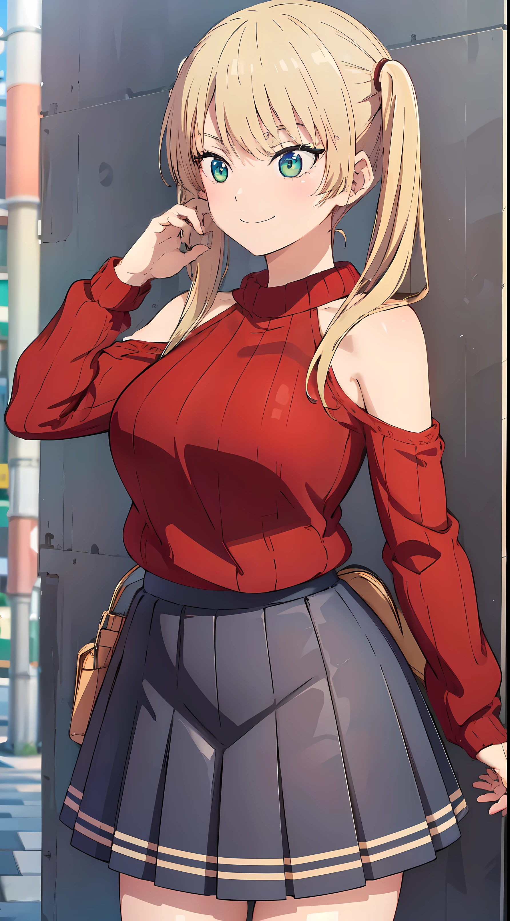 ((best quality, high quality, highres)), rika hoshizaki, (big boobs:1.2), red sweater, street, tokyo, solo, 1girl, cowboy shot, smile