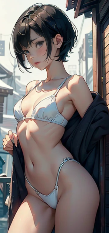 1womanl,5years old,small ,Exposure, 独奏) she has short black hair、Very short cut hair、Snow-white skin,Seen from the front, Chest: No bulge,Erotic woman showing off her body naked、Erotic woman raises one leg high and shows off her pussy Erotic woman showing off her pussy