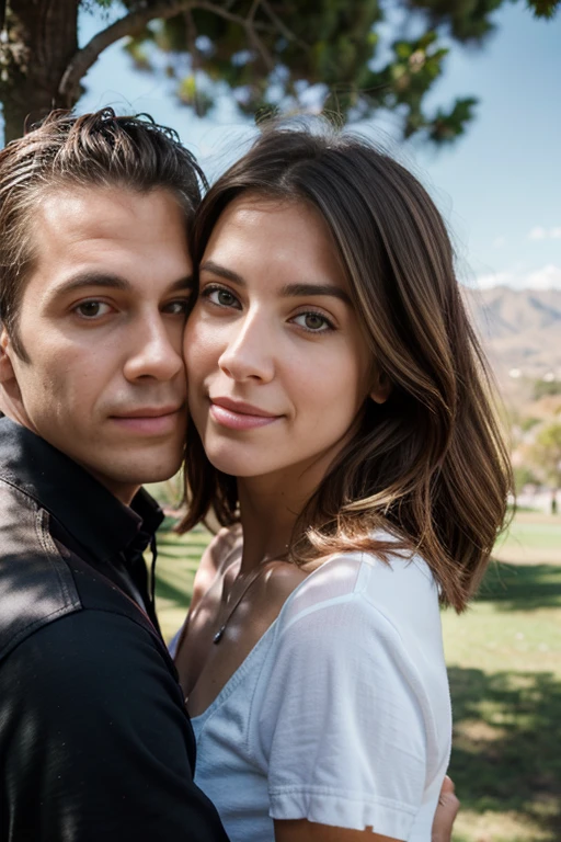 Hay un hombre y una mujer parados uno al lado del otro, Alexa Gracia, perfectamente sombreado, next to a tree, accompany cory chase, Tyler Oeste, en el parque, help me, photo session, en la ladera, iluminado desde un lado, Vista de cuerpo completo entrelazada, por John Luke, Disparo en la cabeza, against the backdrop of trees, beautiful angle, hermosa novia