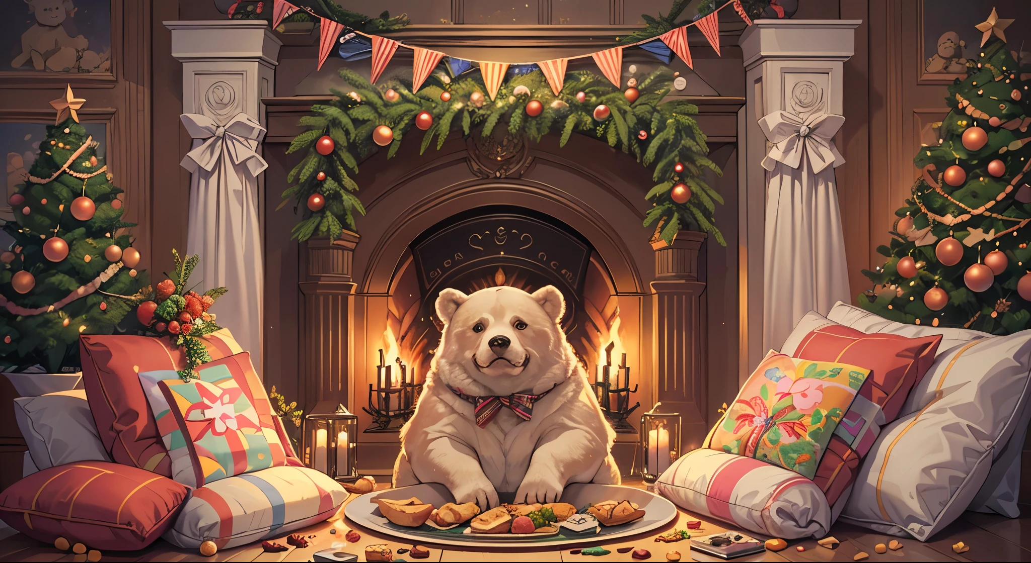 fireplace beautifully decorated for Christmas, with a bear rug and pillows laying on the ground and a big plate with Christmas snacks placed in the middle --auto --s2