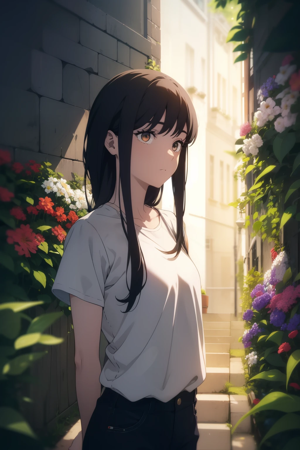 ((((Obra maestra, La mejor calidad, ultrahigh resolution)))), beautiful girl, standing, ((baggy white t-shirt, loose fitting blue shorts, black hair, dark black hair)), long hair cut, pale skin, ((brown eyes)), (glowing_eyes, luminescent eyes), (ultra detailed eyes:0.7, beautiful and detailed face, detailed eyes:0.9), ((centered)), smile, ((wide shot)), facing viewer, (((vibrant background of outside, flowers, bright lighting, summer, sunlight))), flat chested, looking at viewer, ((perfect hands)), ((head:1, hips, elbows, arms, in view)), ((hands behind back)), beautiful lighting, defined subject, (25 years old), ((cool looking)),