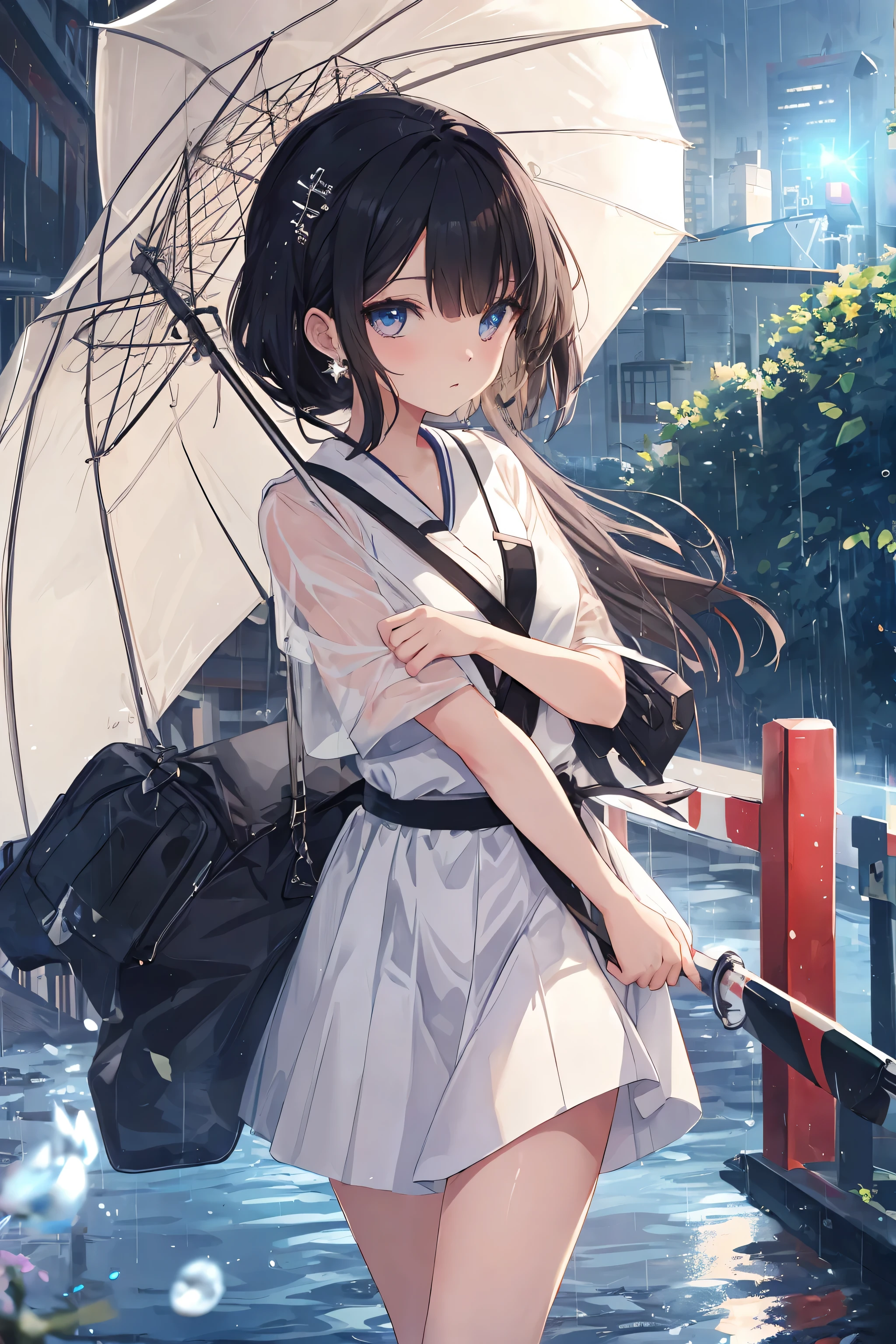 {((Anime, sur l’art, profondeur de champ, Flou de mouvement, Lumière rougeoyante, UHD, rétine, Chef-dœudansre, ccurate, anatomiquement correct, peau texturée, Super détail, high détails, de la haute qualité, Primé, meilleur qualité, Haute résolution, 16k))} . | {((Filles mignonnes, Beaux yeux détaillés, joyeux))} . | {((boucles d'oreilles en forme d'étoile, vêtements décontractés))} . | {((en ville, marche, Pleut, goutte d’eau))} . | {((Grands angles, Haut du corps, (Parfait_doigts:1.0), (Parfait_jambes:1.0), mieux_mains, plus_détail))}, noir_cheveux