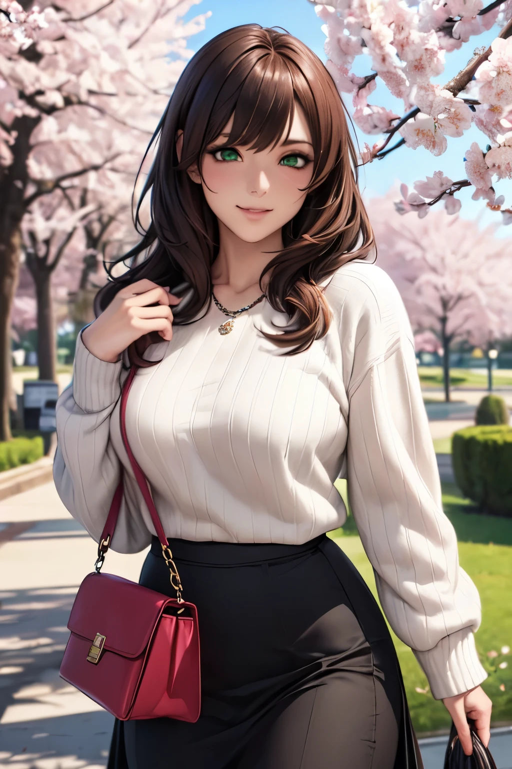 ((masutepiece, Best Quality, hight resolution, nffsw, Perfect Pixel, depth of fields, 4K, nffsw, nffsw))), 1girl in, Single, Solo, Beautiful anime girl, Beautiful Art Style, Anime Character, ((Long hair, Bangs, Brown hair)), ((Green eyes:1.4, rounded eyes, Beautiful eyelashes, Realistic eyes)), ((Detailed face, Blushing:1.2)), ((Smooth texture:0.75, Realistic texture:0.65, Photorealistic:1.1, Anime CG style)), Dynamic Angle, ((POV, Selfie Pose, Portrait)), ((White sweater, Long sleeve, Black skirt, plaid skirts, Fashionable, 1 handbag, 1 diamond necklace)), Smile, amusement park, ((The cherry tree, Cherry blossoms fall))