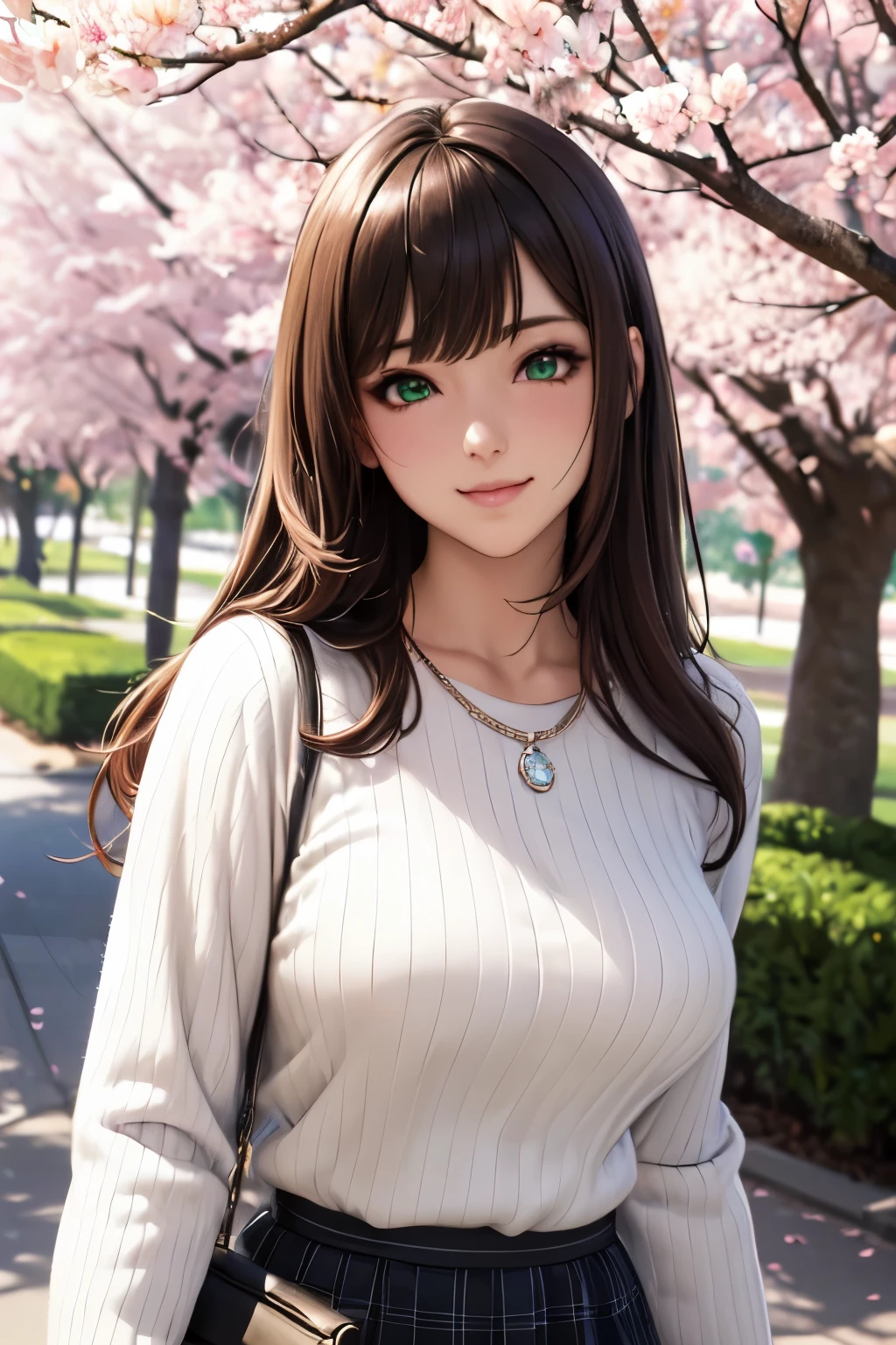((masutepiece, Best Quality, hight resolution, nffsw, Perfect Pixel, depth of fields, 4K, nffsw, nffsw))), 1girl in, Single, Solo, Beautiful anime girl, Beautiful Art Style, Anime Character, ((Long hair, Bangs, Brown hair)), ((Green eyes:1.4, rounded eyes, Beautiful eyelashes, Realistic eyes)), ((Detailed face, Blushing:1.2)), ((Smooth texture:0.75, Realistic texture:0.65, Photorealistic:1.1, Anime CG style)), Dynamic Angle, ((POV, Selfie Pose, Portrait)), ((White sweater, Long sleeve, Black skirt, plaid skirts, Fashionable, 1 handbag, 1 diamond necklace)), Smile, amusement park, ((The cherry tree, Cherry blossoms fall))