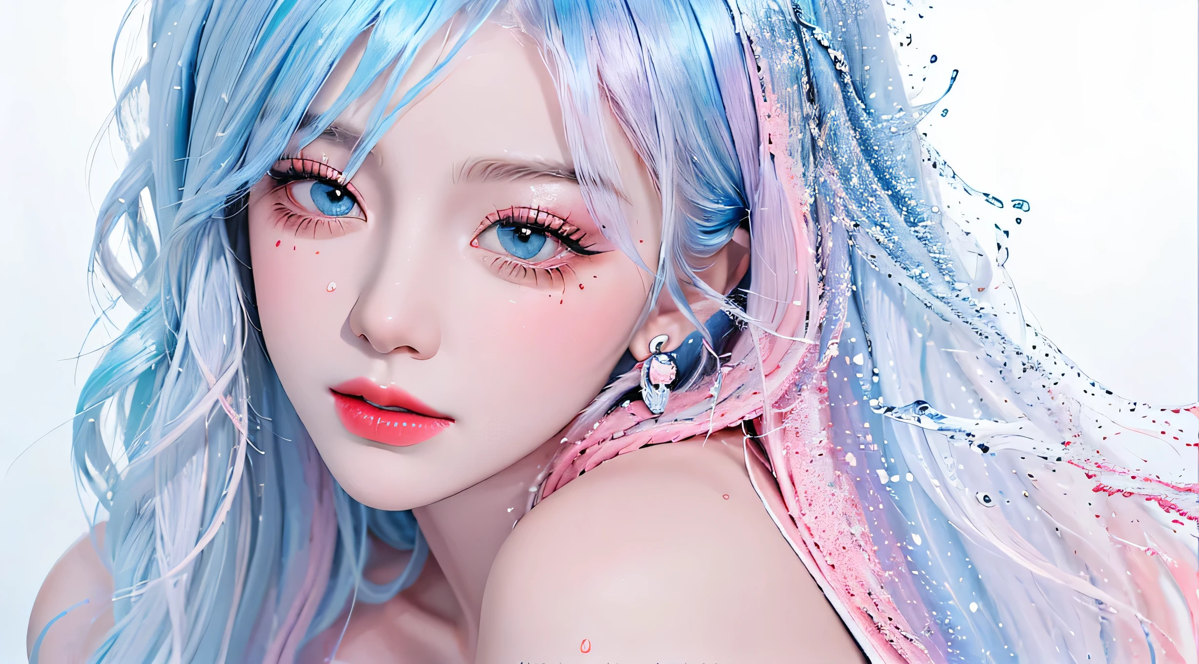 (Masterpiece, Best Quality, High Resolution), White Background, Acrylic Paint, ((Color Splash, Splash of Ink, Color Splash)), Sweet Chinese Girl, Long Light Blue Hair, [Light Blue|Pink] Hair, Curly Hair, Glitter, Peach Lips, White Shirt, Front, Upper Body