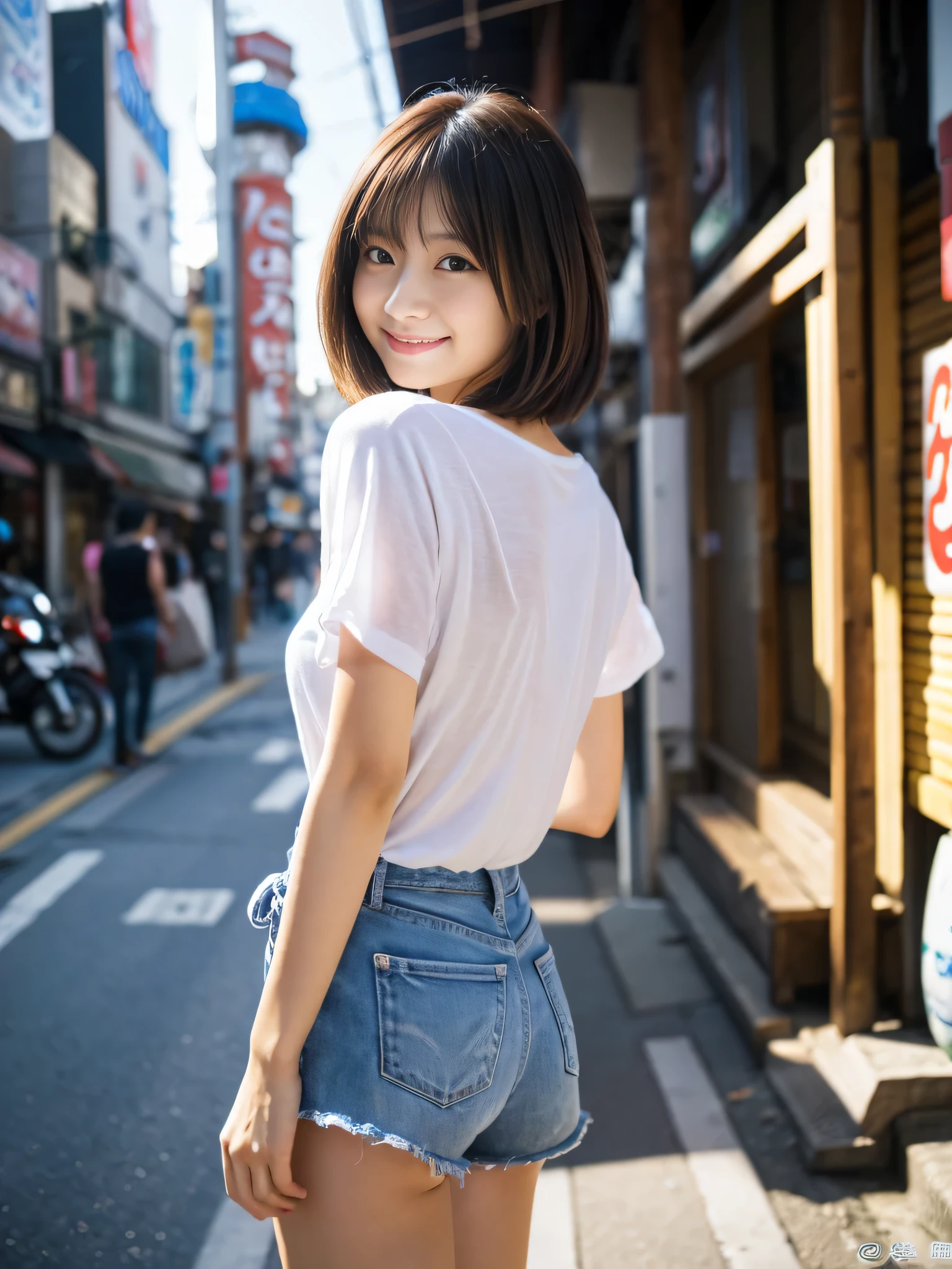 ultra best quality、masterpiece、超hight resolution、depth of fields、(Photorealsitic:1.4)、(awardwinning photo、信じられないほどのmasterpiece:1.3) 、Raw photography、the golden ratio、the Extremely Detailed CG Unity 8K Wallpapers、Detailed and complex、Original、hight resolution、Raw foto、(perfect body type)、Detailed and complex、Digital SLR、softlighting、(background person blur:1.1)、SIGMA 85 mm F/1.4、50mm Lenac lighting、nffsw、hyper realstic、Color Grade、dynamicposes、Portrait Break、 独奏、short-hair:1.4、girl with、Super beauty、(Full body like:1.2)、japanese bodybian、独奏)、thighs gap、A smile:1.4、University、cute little女子高生、short-cut、Detailed Realistic、Skin Texture、(realistic human skin texture)、Front view View viewer、natural soft light、Daytime、in a street、deep-shadows、cute little、21 years old BREAK、 a street、The state of the store、akihabara、Shinjuku、with no people、(akihabara:1.2)