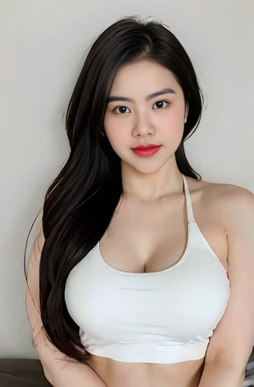 25 years old woman, milf, ((((on bed)))), ((white tank top:1.2)), RAW photo, (photorealistic:1.37, realistic), highly detailed CG unified 8K wallpapers, 1girl, (thick body:1.8), (huge breasts:1.1) , looking at viewer, (((straight from front))), (HQ skin:1.8, exotic skin:1.2), 8k uhd, dslr, soft lighting, high quality, film grain, Fujifilm XT3, ((full body:0.6)), (professional lighting:1.6) ,  fbyana