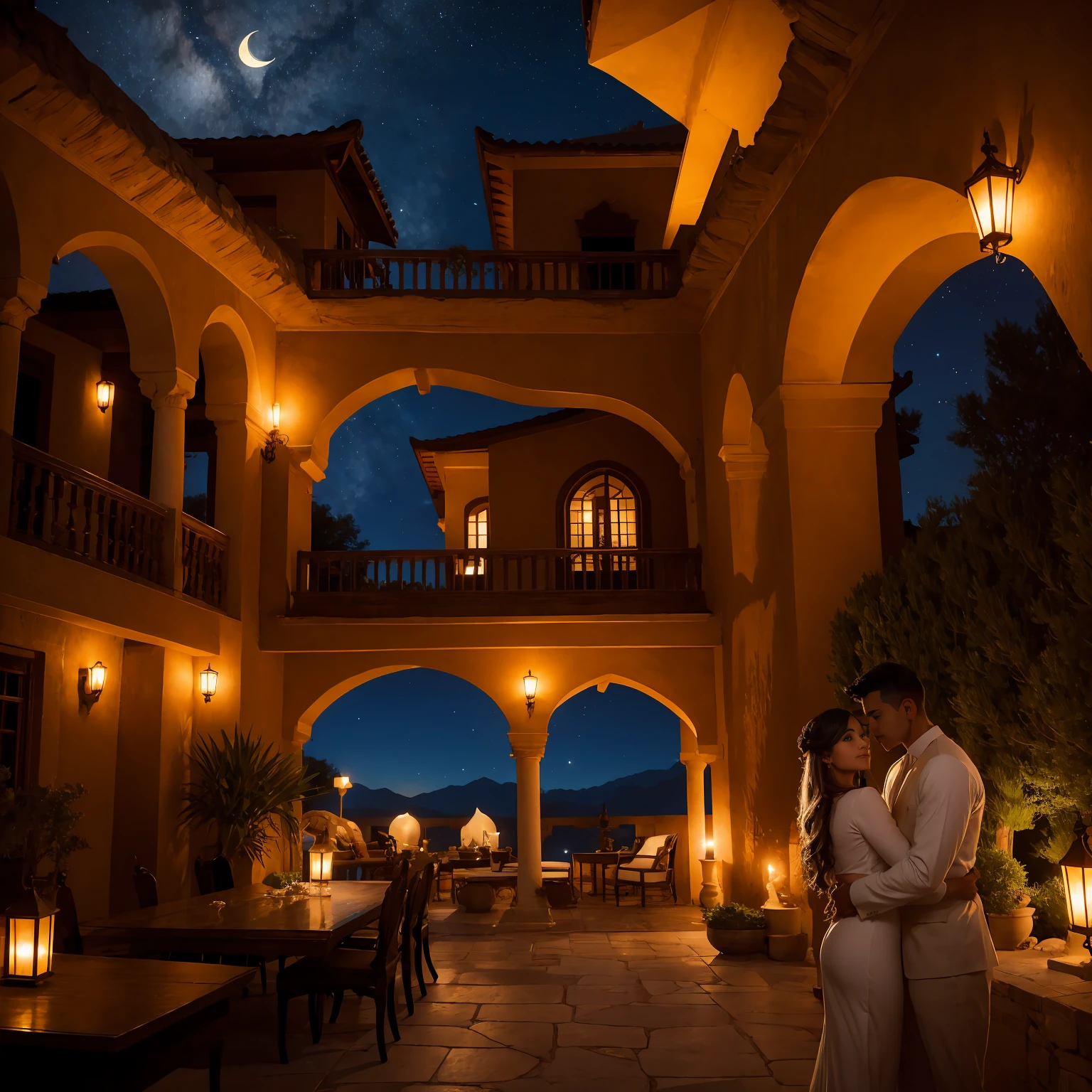 A romantic villa with an atmosphere reminiscent of the Arabian Nights.、There is a garden with luxurious decorations and roses.。ina、Rin々A tall young man and a cute little girl are happily hugging each other.。pure、A crescent moon and a galaxy shine in the night sky.、The golden landscape of the desert is spreading。A lyrical scene is spreading throughout.。