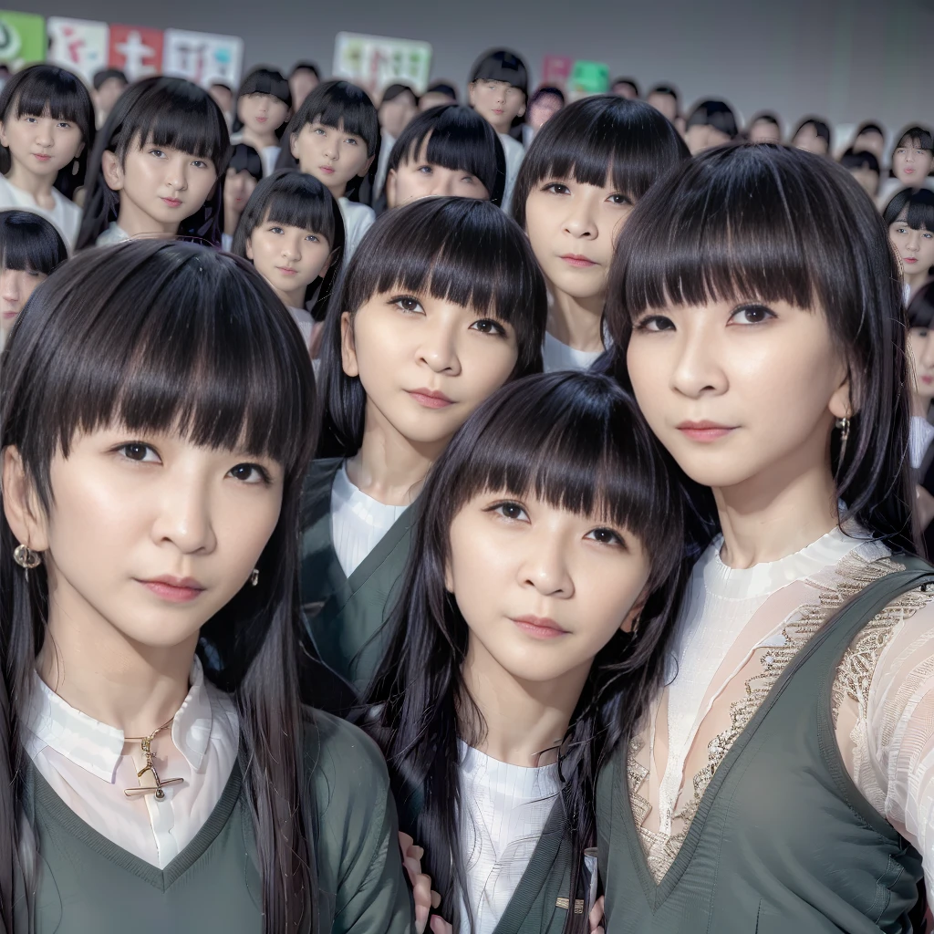 Raw photo、(((multiple girls))),((((6+girls)))),((((100 girls)))),((((1000 girls)))),(((crowd shot))),Women only、((Everyone has the same face))、((matching sailor suit))、************、A dark-haired、100 cute high school girls、a smile、‎Classroom、selfee、same person、High school students