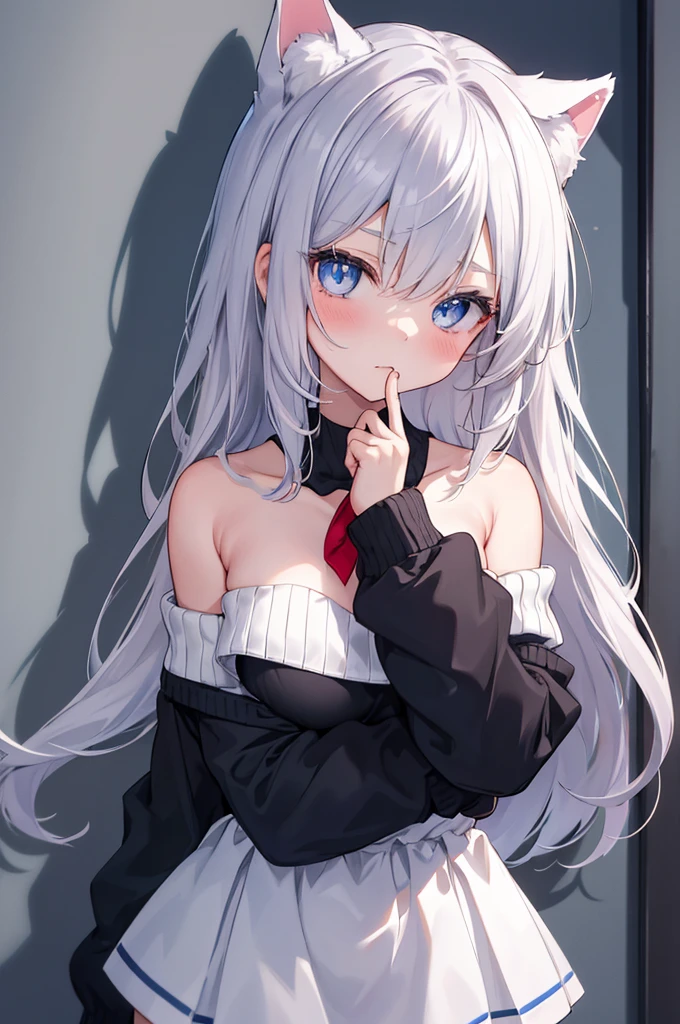 best quality, ultra precision, 1girl, cute, little girl, young, boyish, childish, big breasts, silver hair, cat ears, blue eyes, beautiful eyes, girl, ecstasy, sailor collar, estrus, metestrus, naughty mood, she loves you, lost virgin, virgin, blush, beautiful skin, big bow on chest, BLUE SWEATER, BLACK SHIRT, SHIRT UNDER SWEATER, OFF SHOULDER TOP) Tsundere leaning against the wall