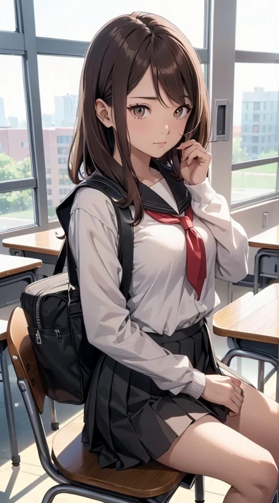 ((tmasterpiece, Best quality at best)),Best aesthetics,1个Giant Breast Girl, 校服, desks, sitted, school desks, Brown hair, Classroom, long whitr hair, Indoors, a chair, looking at viewert, :p, focused only, Brown eyes, a skirt, longer sleeves, pencil, 1 boy, pencil case, , Black Zefuku, multipel Girls, pleated a skirt, Sailor collar, By bangs, head rest, bookbag, school a chair