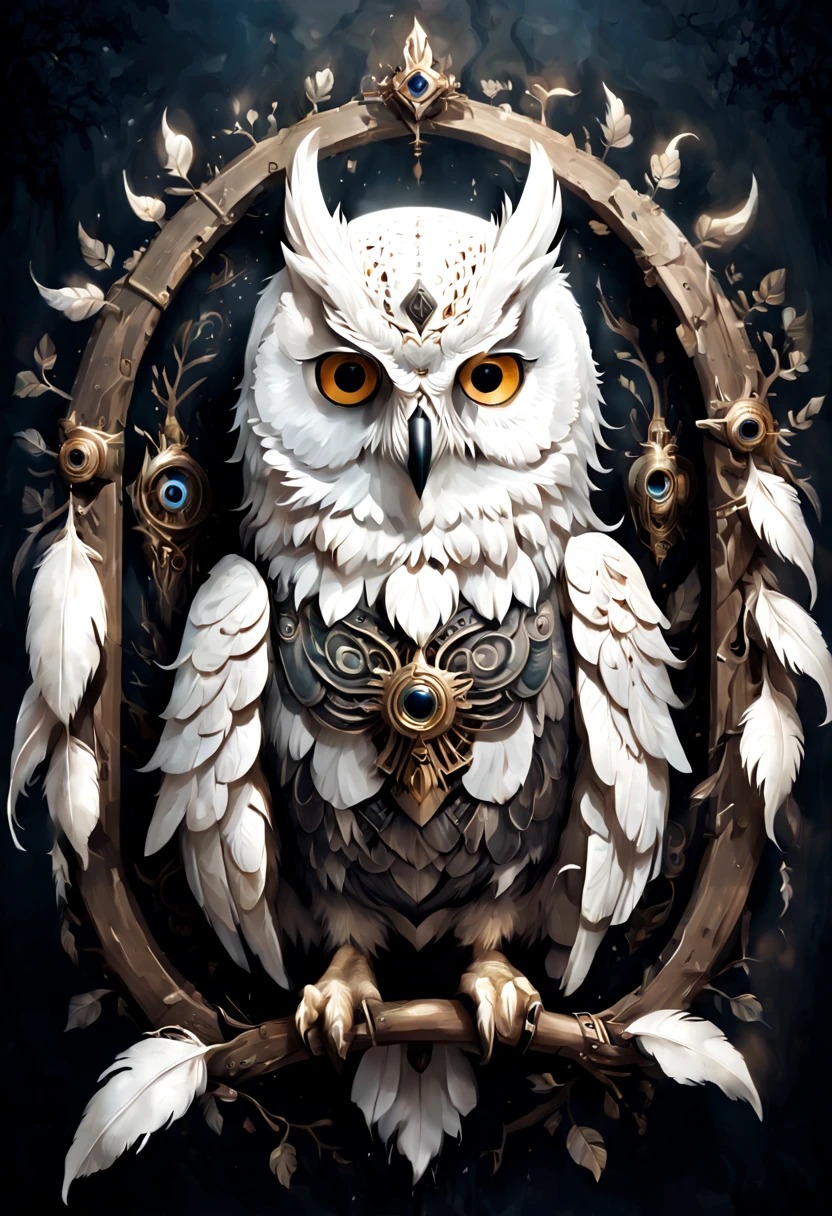 painting of a white owl with feathers, owl feathers,  full body, logo style with ornament frame, owl wizard, witch - doctor, glowing white owl, mechanical owl, alien owl, inspired by Joe Fenton, radiant owl, gothic maiden shaman, highly detailed dark art, the wisest of all owls, barn owl symbol in chest, anton semenov, glowing owl, owl mask, psytrance artwork
