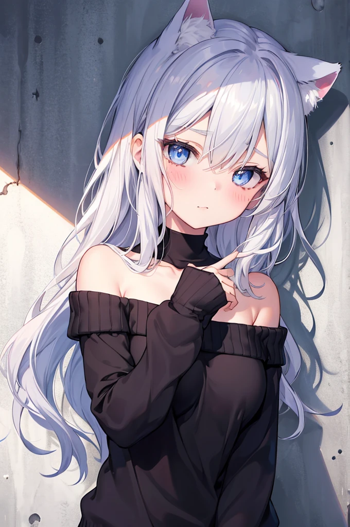 best quality, ultra precision, 1girl,  cute, little girl, young, boyish, childish, big breasts, silver hair, cat ears, blue eyes, beautiful eyes,  girl, ecstasy, sailor collar, estrus, metestrus, naughty mood, she loves you, lost virgin, virgin, blush, beautiful skin, big bow on chest, BLUE SWEATER, BLACK SHIRT, SHIRT UNDER SWEATER, OFF SHOULDER TOP) Tsundere leaning against the wall