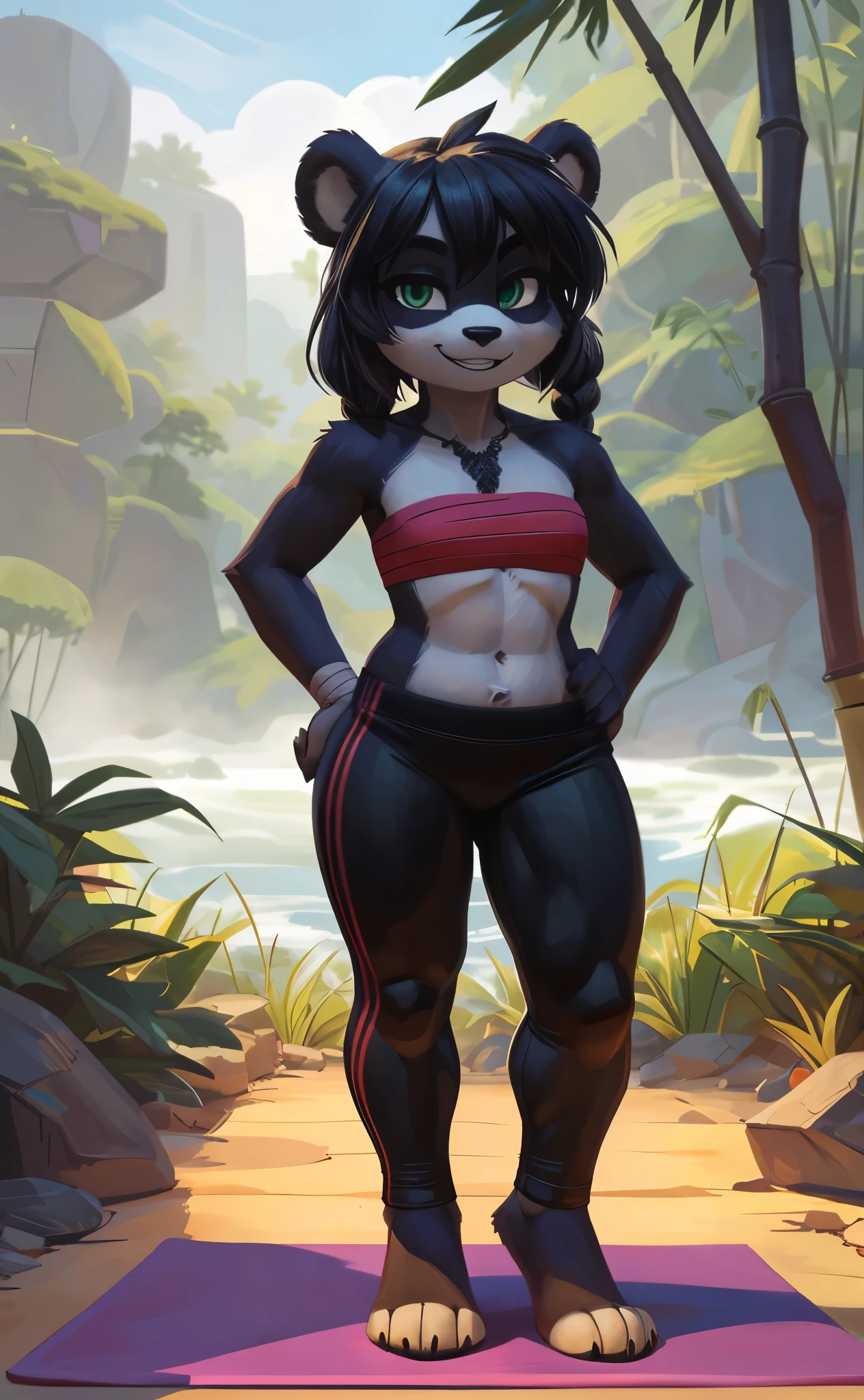 [Yaya Panda], [Uploaded to e621.net; (Pixelsketcher), (wamudraws)], ((masterpiece)), ((HD)), ((solo portrait)), ((full body)), ((front view)), ((feet visible)), ((furry; anthro)), ((detailed fur)), ((detailed shading)), ((beautiful render art)), ((intricate details)), {anthro panda; (black fur), (white fur), black nose, (cute green eyes), (short eyelashes), black hair, braided hair, (curvy hips), (beautiful legs), (beautiful paws), (smug grin)}, {(red bandage bandeau), (bandages a-crossed chest), (green yoga pants)}, {(on yoga mat), (standing), (hands on hip), (looking at viewer)}, [background; (bamboo forest), (waterfall), (fog), (blue sky), (cloudy)]